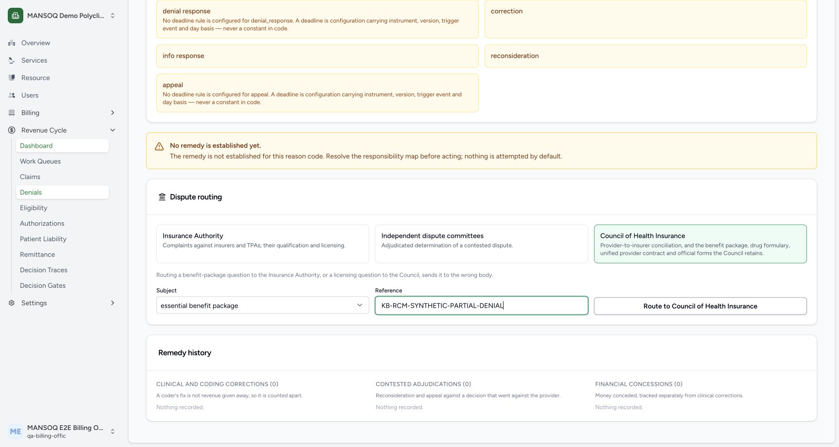 A synthetic essential-benefit-package dispute selects the Council route. This action records local routing history; it does not send a complaint or message to an external authority.