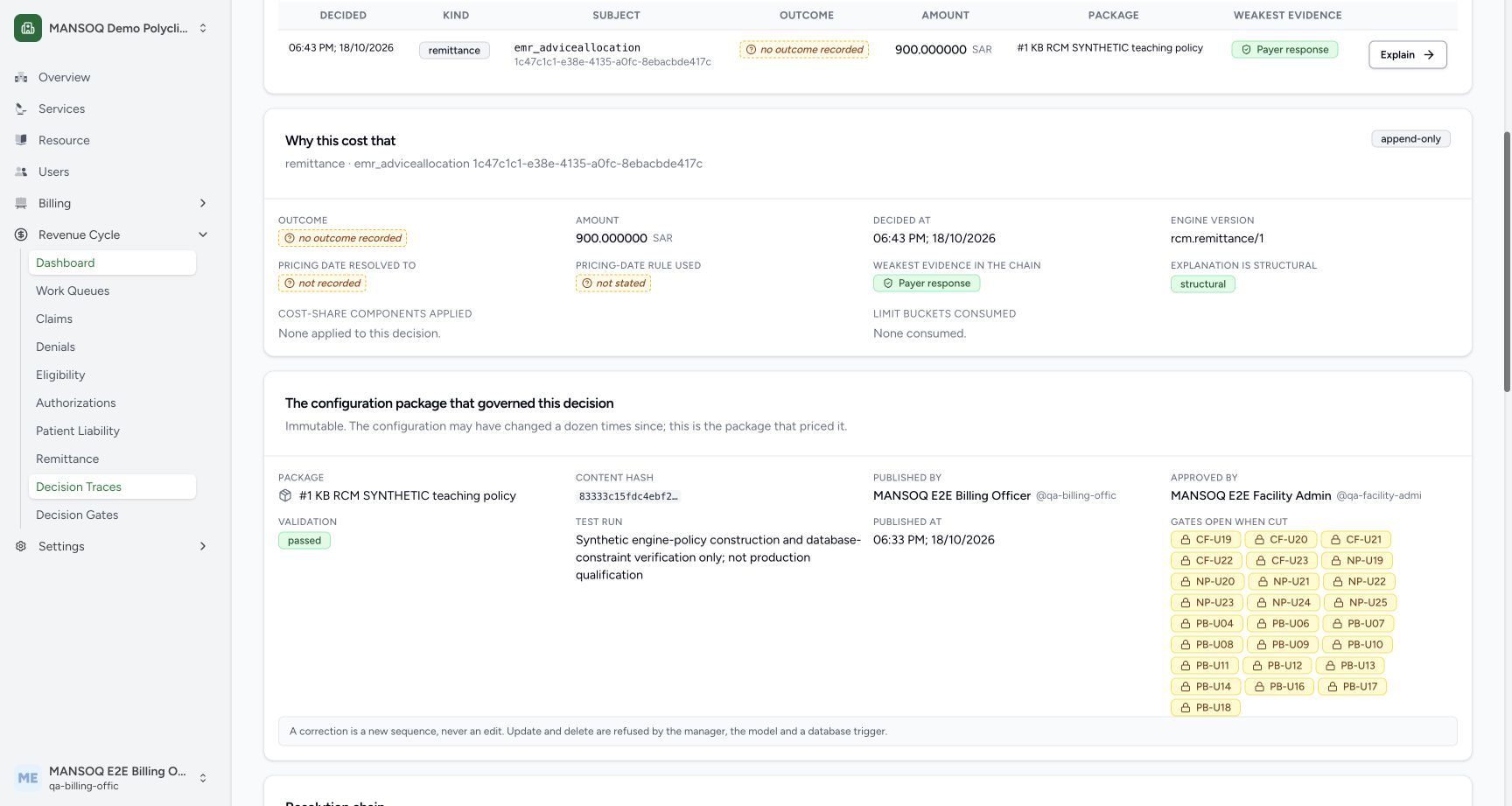 The expanded trace shows its immutable package hash, distinct teaching publisher/approver and 25 open gates. The passed fixture test explicitly covers database/policy construction only, not production qualification.
