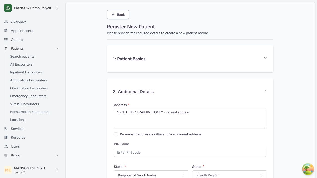 Review synthetic address and registration action in the real MANSOQ application using explicitly synthetic training records.
