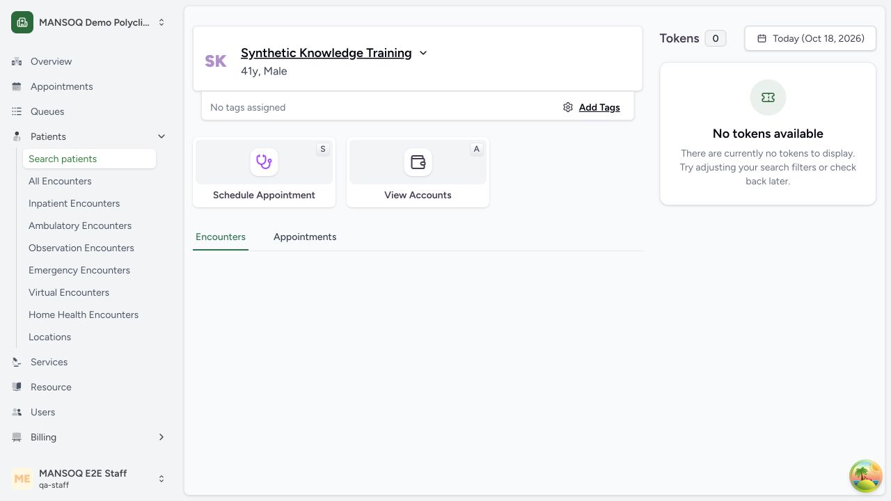 Registered synthetic patient workspace in the real MANSOQ application using explicitly synthetic training records.