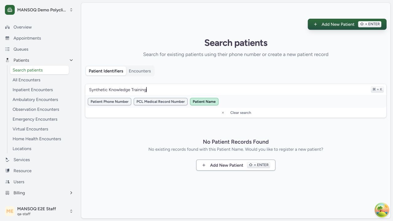Search before registering a patient in the real MANSOQ application using explicitly synthetic training records.