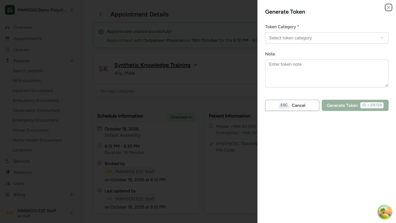 Select token category before generating a queue token in the real MANSOQ application using explicitly synthetic training records.