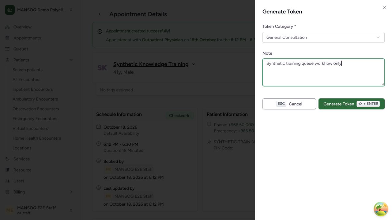 Generate the selected consultation queue token in the real MANSOQ application using explicitly synthetic training records.