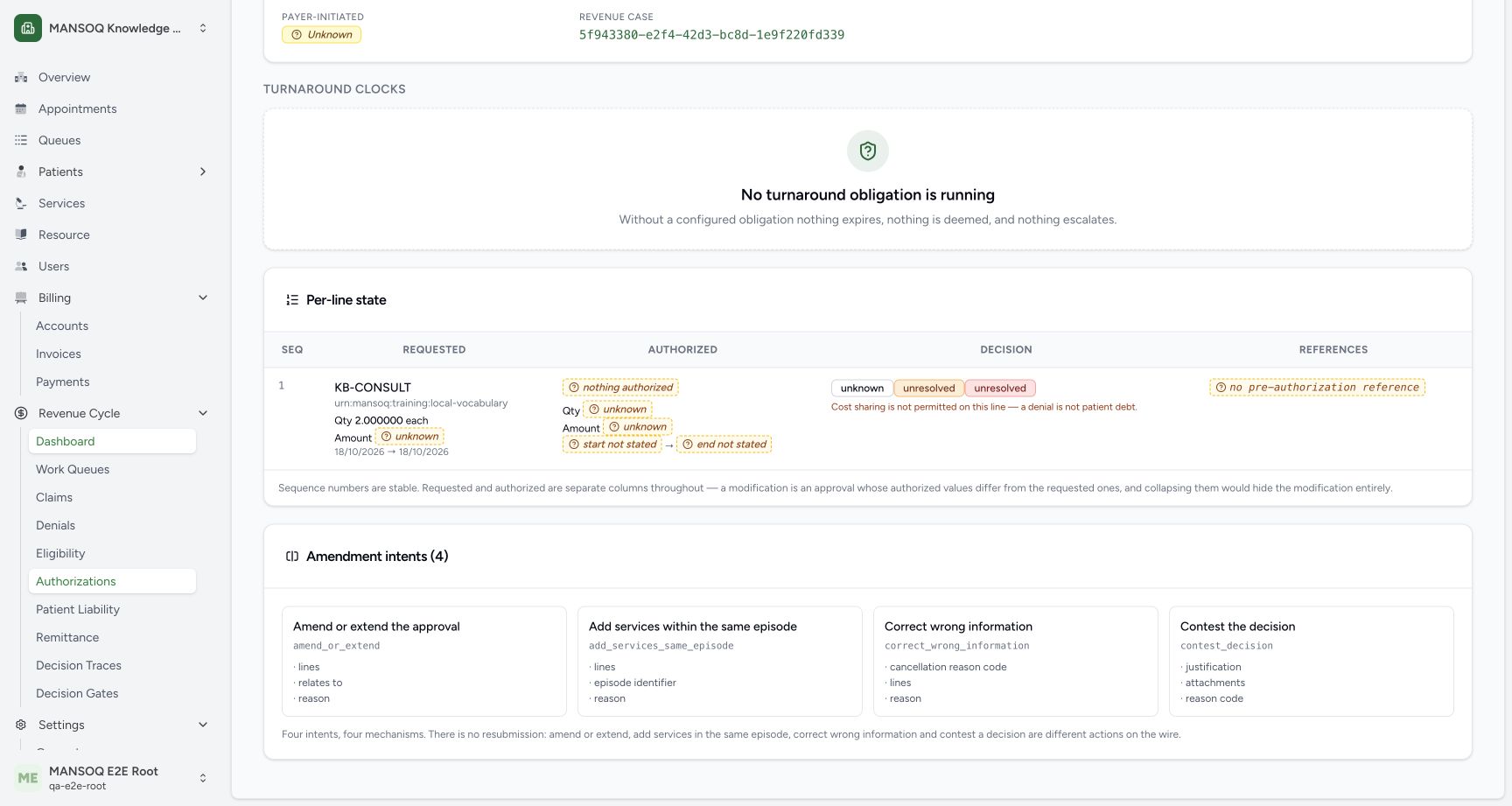 The actual read-only detail displays four intent cards: amend/extend, add services same episode, correct wrong information and contest decision. Cards list payload concepts but are not submit buttons. Normal API planning returned posts_nothing for each; original draft and sequence1 are unchanged. No external cancellation vocabulary, TAT authority, approval or transport was fabricated.