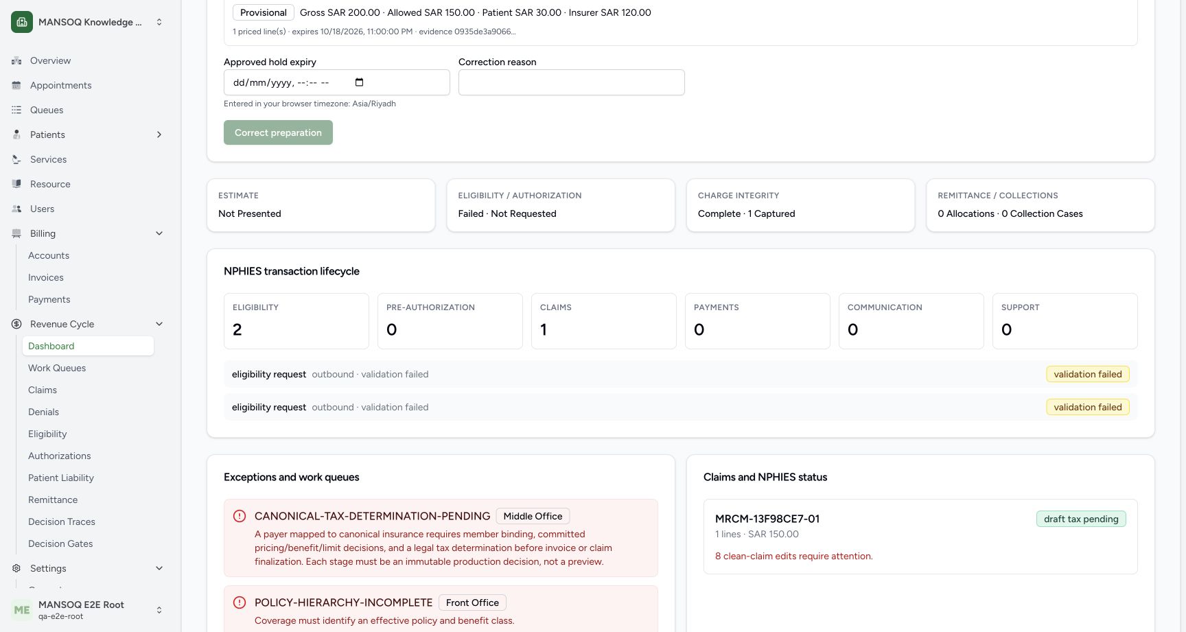 One current claim MRCM-13F98CE7-01 contains one150SAR line with draft_tax_pending and8 clean-claim edits. The panel above still shows estimate Not Presented and eligibility Failed/authorization Not Requested. This is local construction only; claim submitted_at independently remainsNULL.