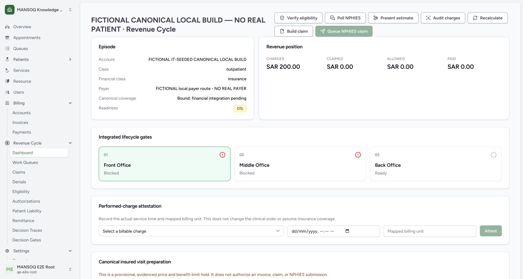 Distinct Clinic training patient/account and fictional local payer are explicit.200SAR charge exists, claimed/allowed/paid are0 before normal actions. Canonical coverage Bound; financial integration pending is not financial clearance. Front and Middle Office are blocked.