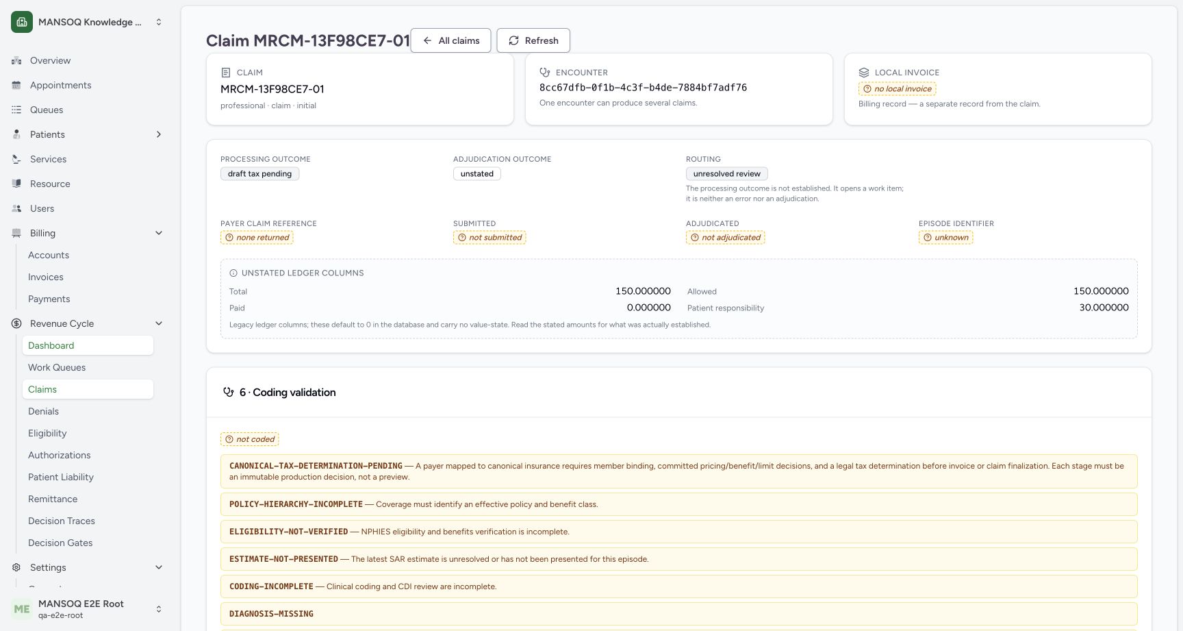 The claim workbench shows draft_tax_pending, unstated adjudication, unresolved routing, no payer reference, no local invoice, not submitted and not adjudicated. The top six of eight saved edits are visible; the continuation capture shows the entire validation list. Paid0 is a legacy unstated ledger column, not proof of a payer outcome.