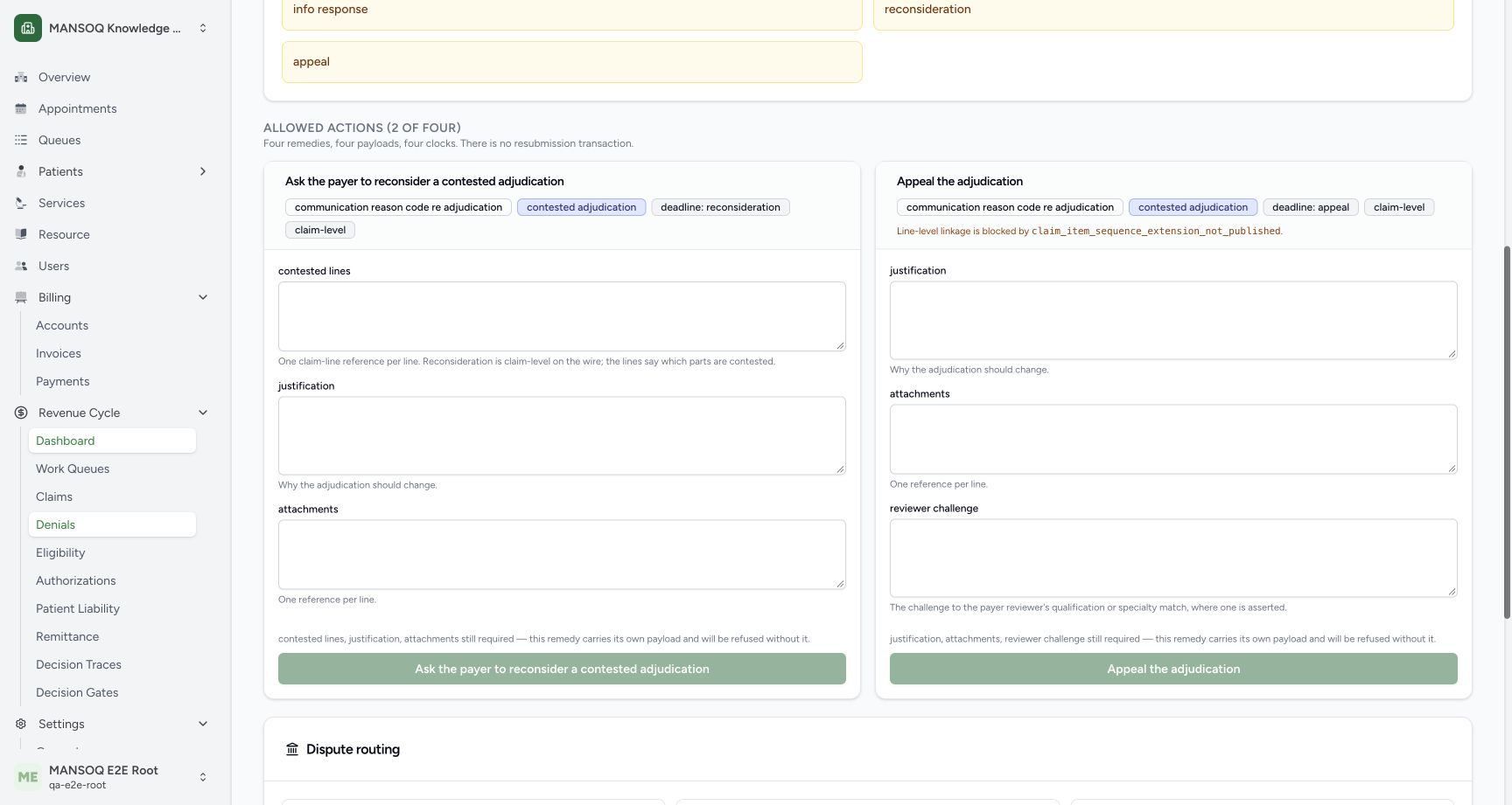 The contested case exposes exactly reconsideration and appeal, with distinct payloads and the explicit unpublished claim-item-sequence extension guard. Both are claim-level local history records; no actual payer rejection or qualified reviewer is represented.