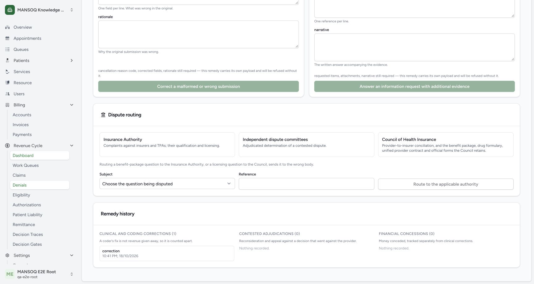 The saved correction appears under Clinical and coding corrections (1), separately from contested adjudications (0) and financial concessions (0). Independent stored-record inspection verifies the exact correction payload and actor/time; draft claim and unsent status remain.