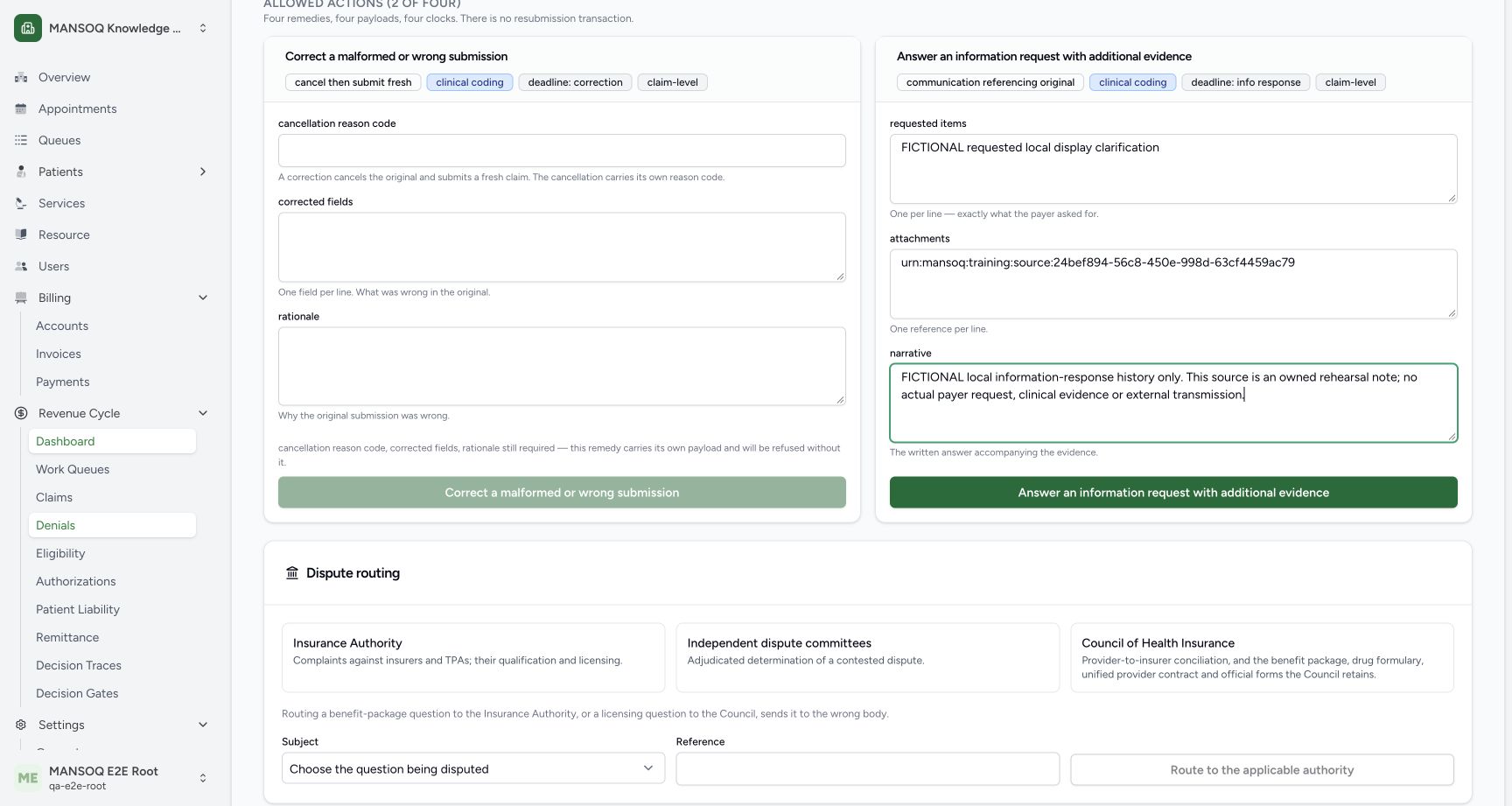 Actual separate information-response form contains one fictional requested item, one owned source reference and a narrative that no actual payer request or clinical evidence exists. References are free text here; saving does not upload or validate an attachment or transmit a communication.