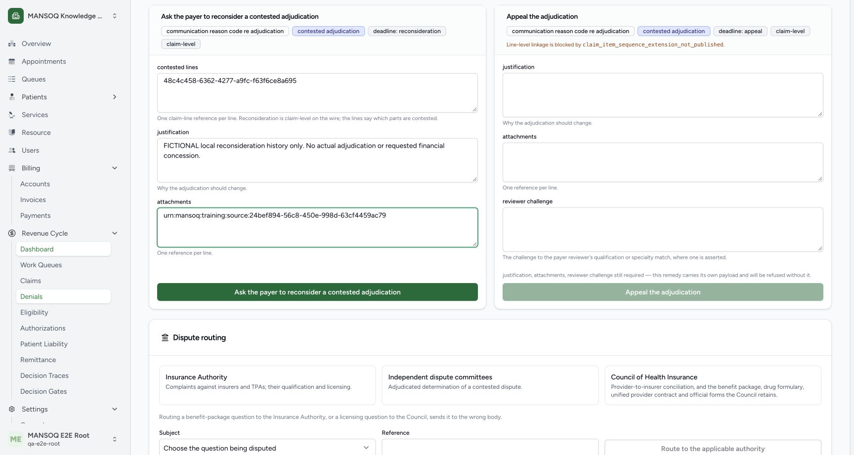 Actual UI names one existing fictional line, an explicit no-adjudication justification and owned source reference. The card is claim-level; line references identify contested content and do not establish a published line-level appeal extension.