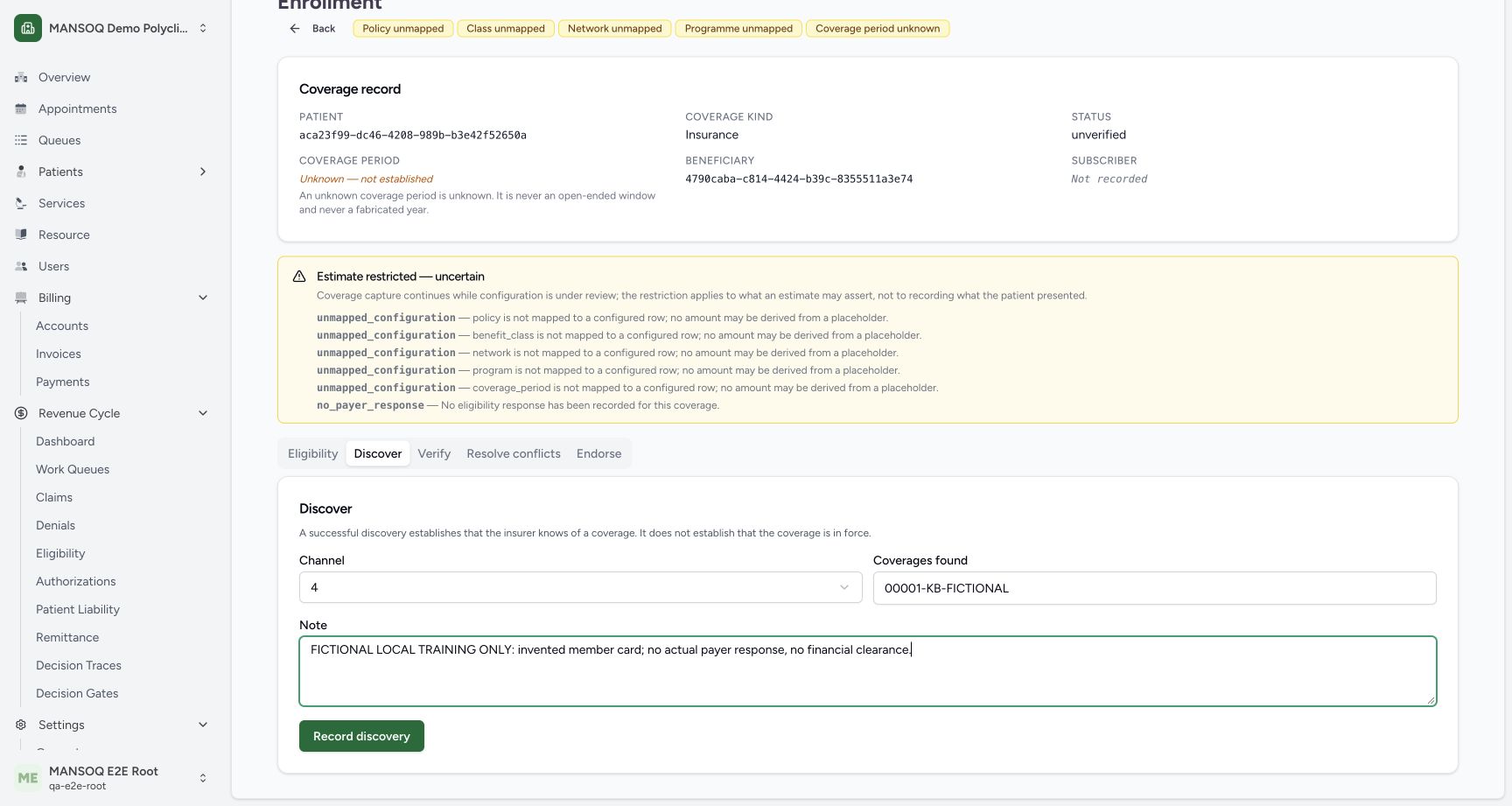 Actual Discover tab: configured rank4 is member_card_or_policy_number in this local ladder, not a universal rank. The operator entered00001-KB-FICTIONAL and an explicit no-payer/no-clearance note, then selected Record discovery. A card is input, not an in-force or benefit determination.