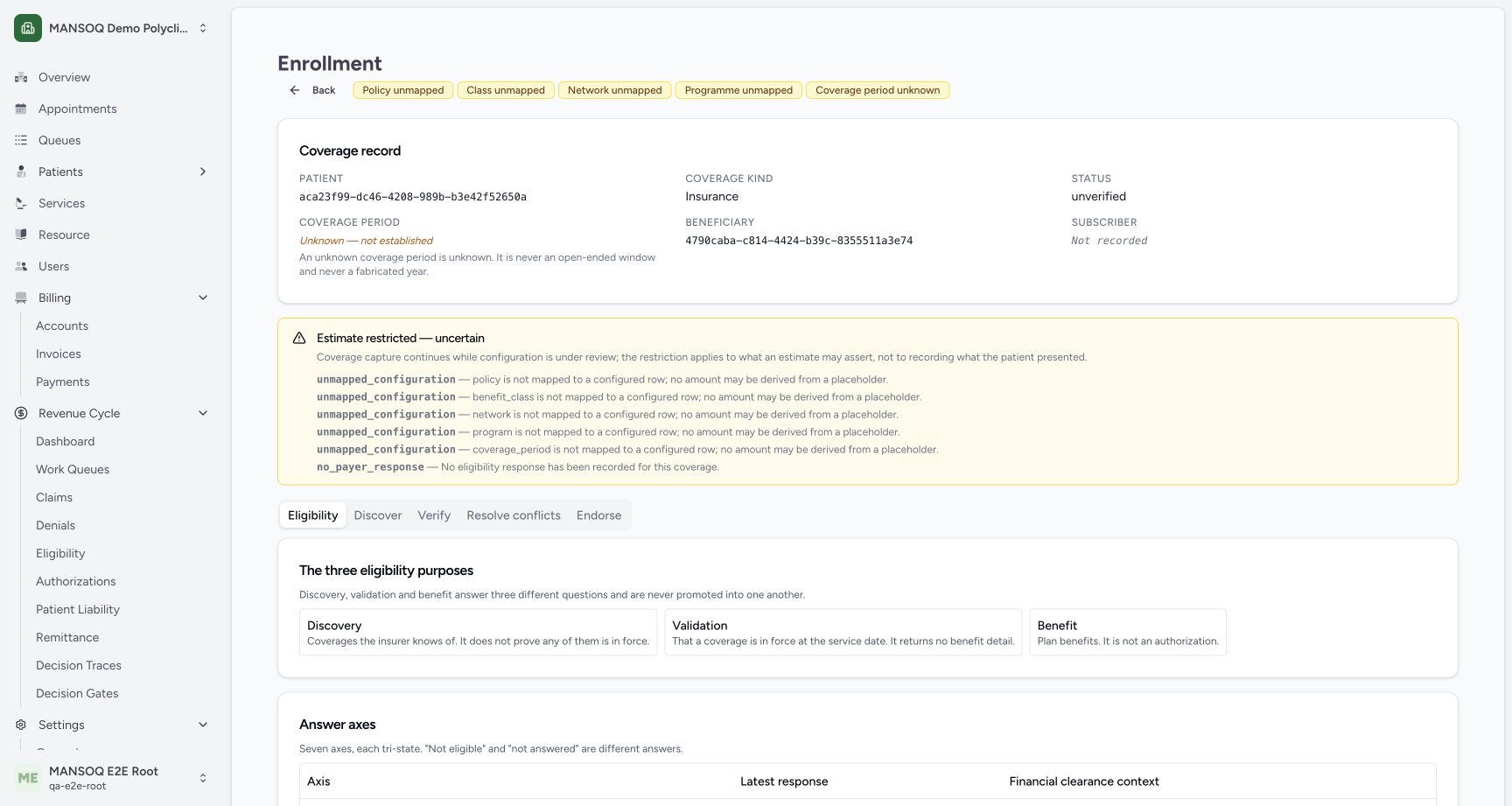 The new fictional member begins unverified with policy/class/network/program unmapped and coverage period unknown. Registration evidence exists, but the estimate is restricted and no payer response is recorded. Unknown period is not an open-ended window or a fabricated year.