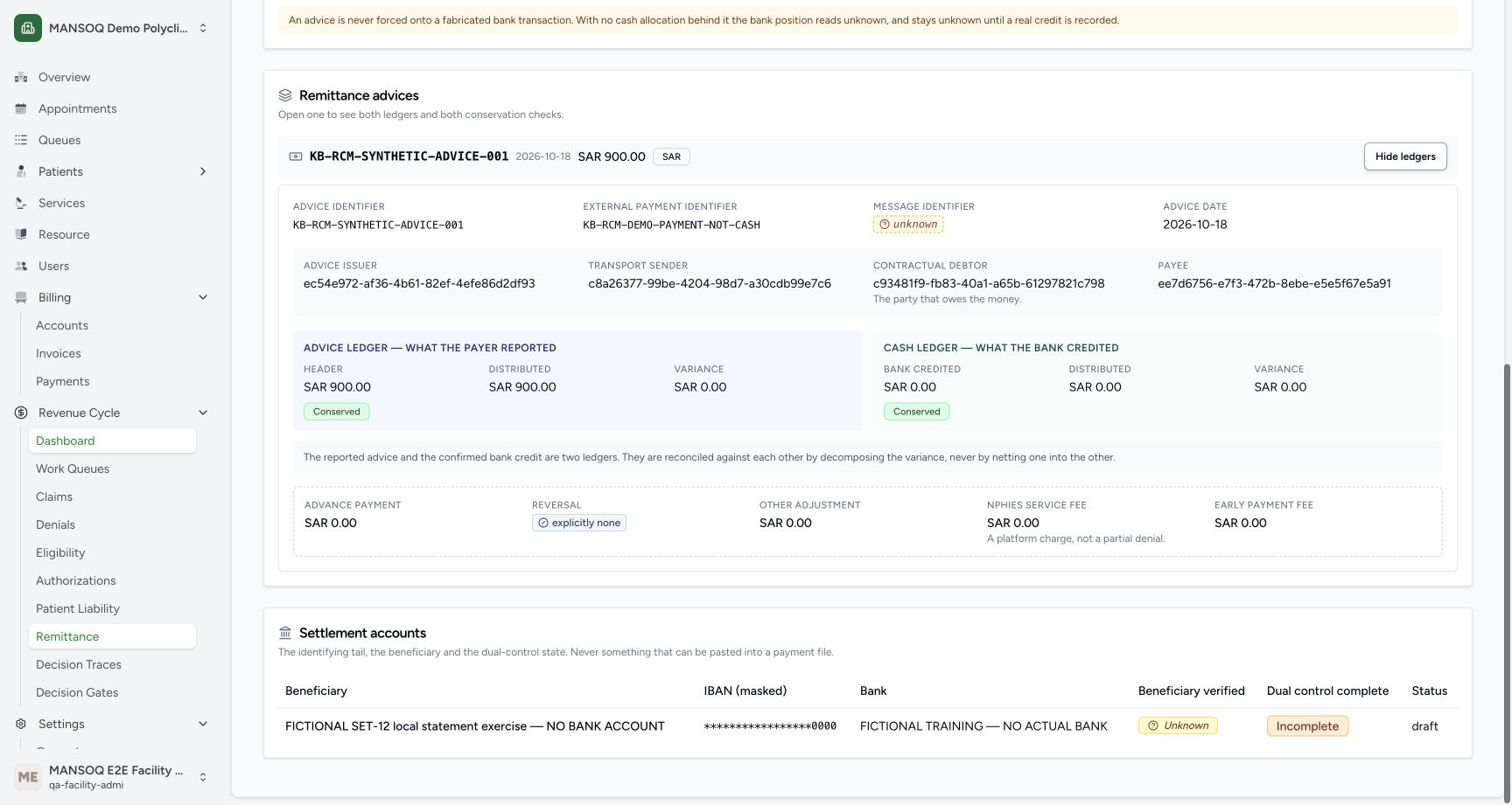 Before import the actual UI shows advice900SAR, cash ledger0SAR and Conserved, plus the explicitly fictional Draft account with Unknown beneficiary and Incomplete dual control. The zero is an empty-ledger arithmetic result, not proof of a known bank balance or bank receipt; the page warning separately says cash unknown until evidence arrives.