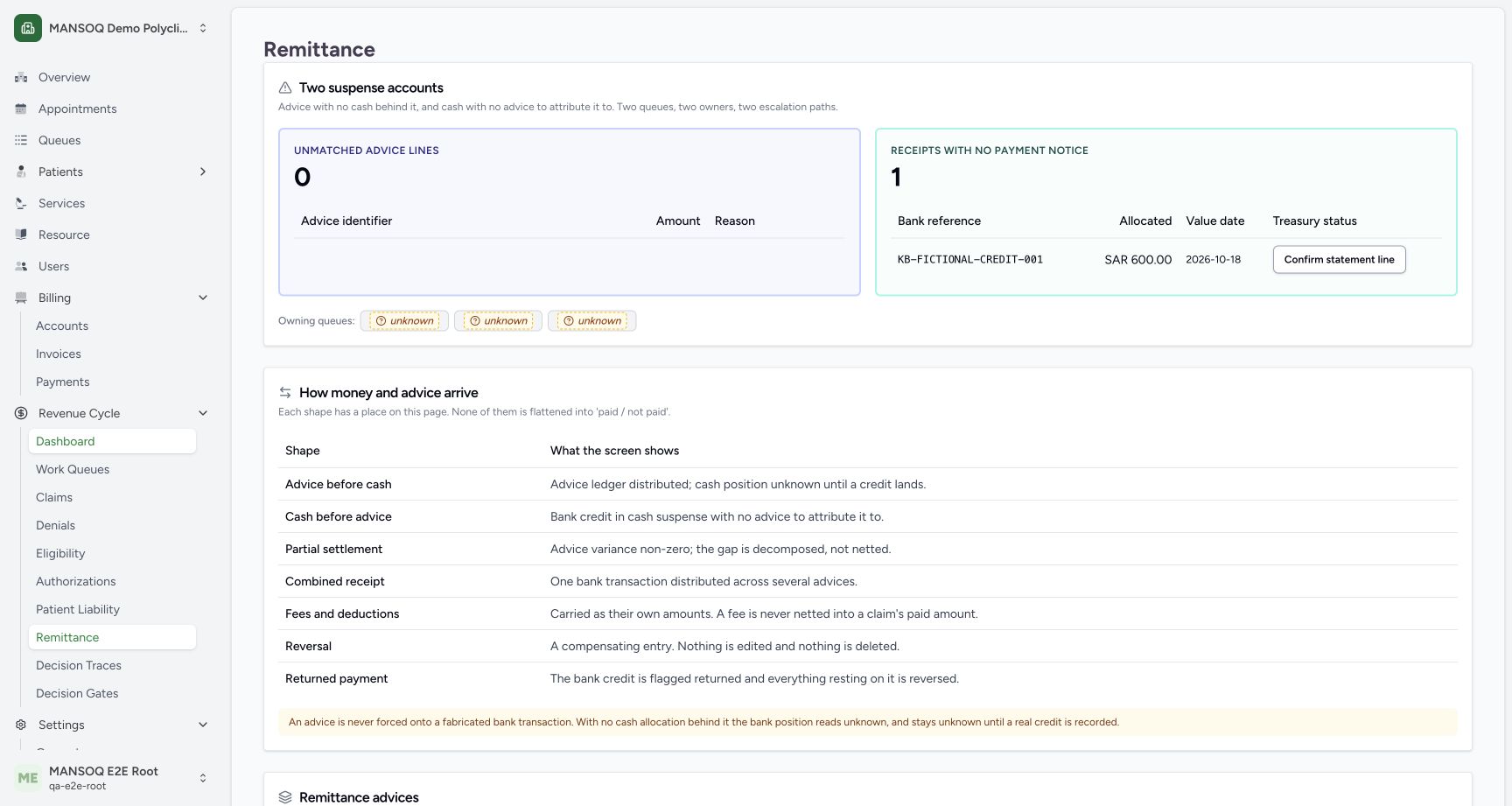 The existing root training operator opens the same fictional receipt; Confirm statement line is visible. No permissions were changed. This capture teaches the observed root control only and does not establish that every non-root treasury role is correctly rendered.