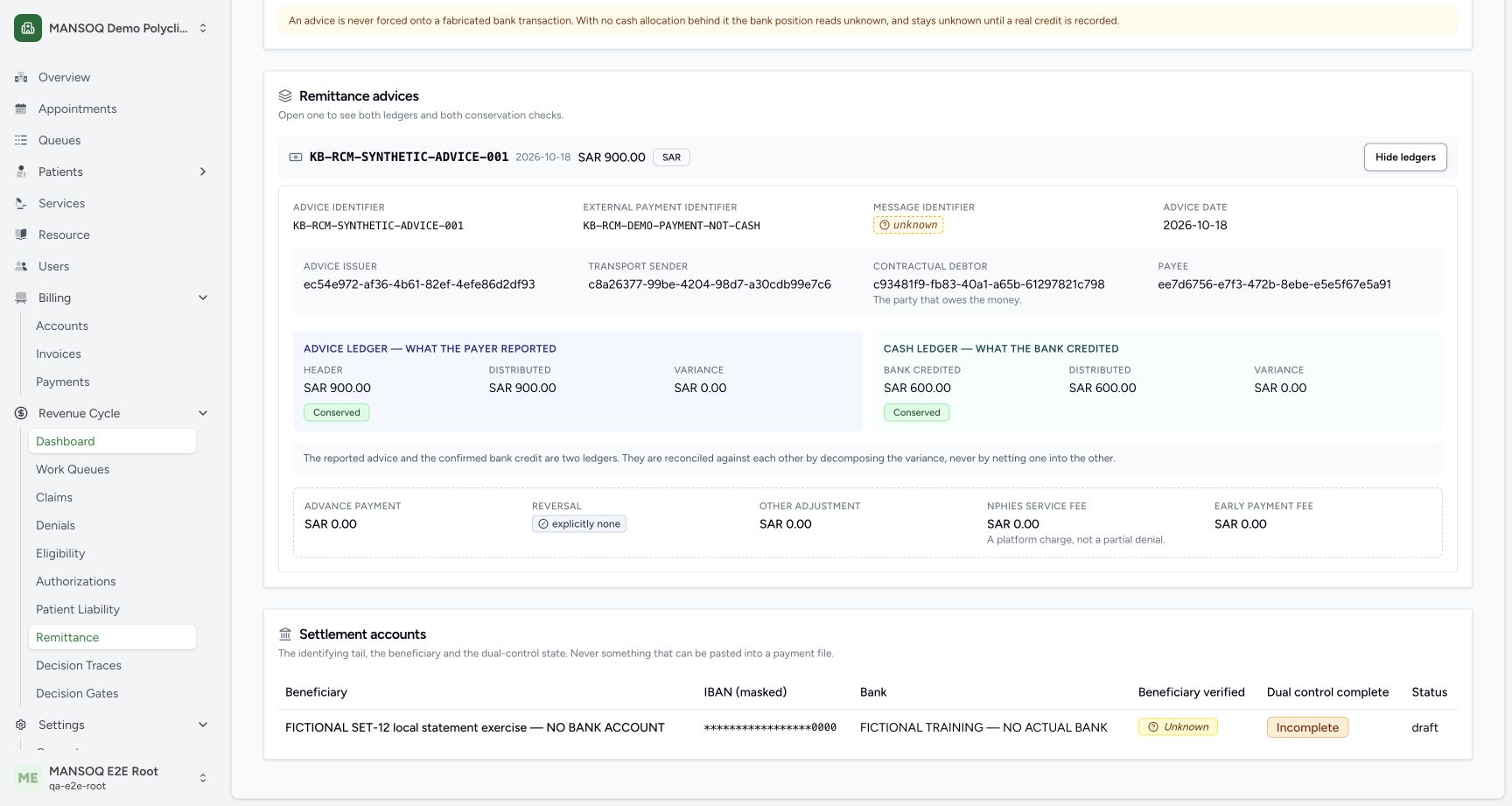 Final UI readback retains advice900SAR conserved and a separate fictional cash600SAR conserved. Stored advice still reports paid600 plus adjustment300. The mocked bank allocation names the advice only; no claim cash projection occurred. The account remains Draft, beneficiaryUnknown and dual controlIncomplete. Neither green conservation badge establishes real bank evidence, legal collectibility or payer acknowledgement.
