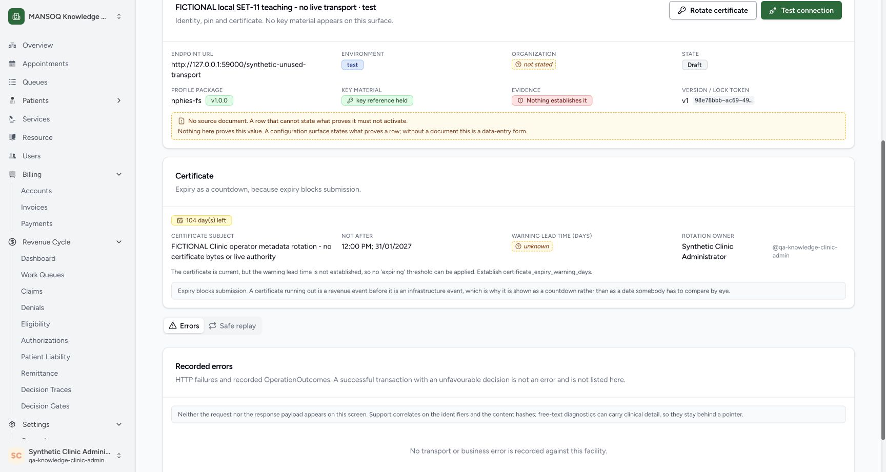 After reload, the UI shows 104 days to fictional expiry, the exact local 31 January 2027 noon timestamp, the named existing owner and unknown warning lead time. This counts metadata only; it proves no cryptographic certificate, secret retrieval, approved NPHIES configuration, external connection or payer certification.