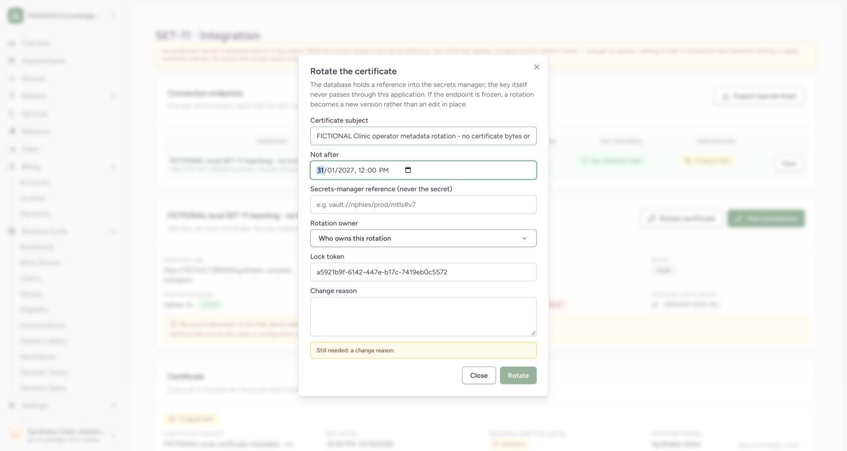 This actual wide dialog shows prepared fictional subject/expiry and the required reason still blank, so Rotate is disabled. The reviewer subsequently entered a scoped reason and saved through the normal UI. No real certificate/key material was entered.