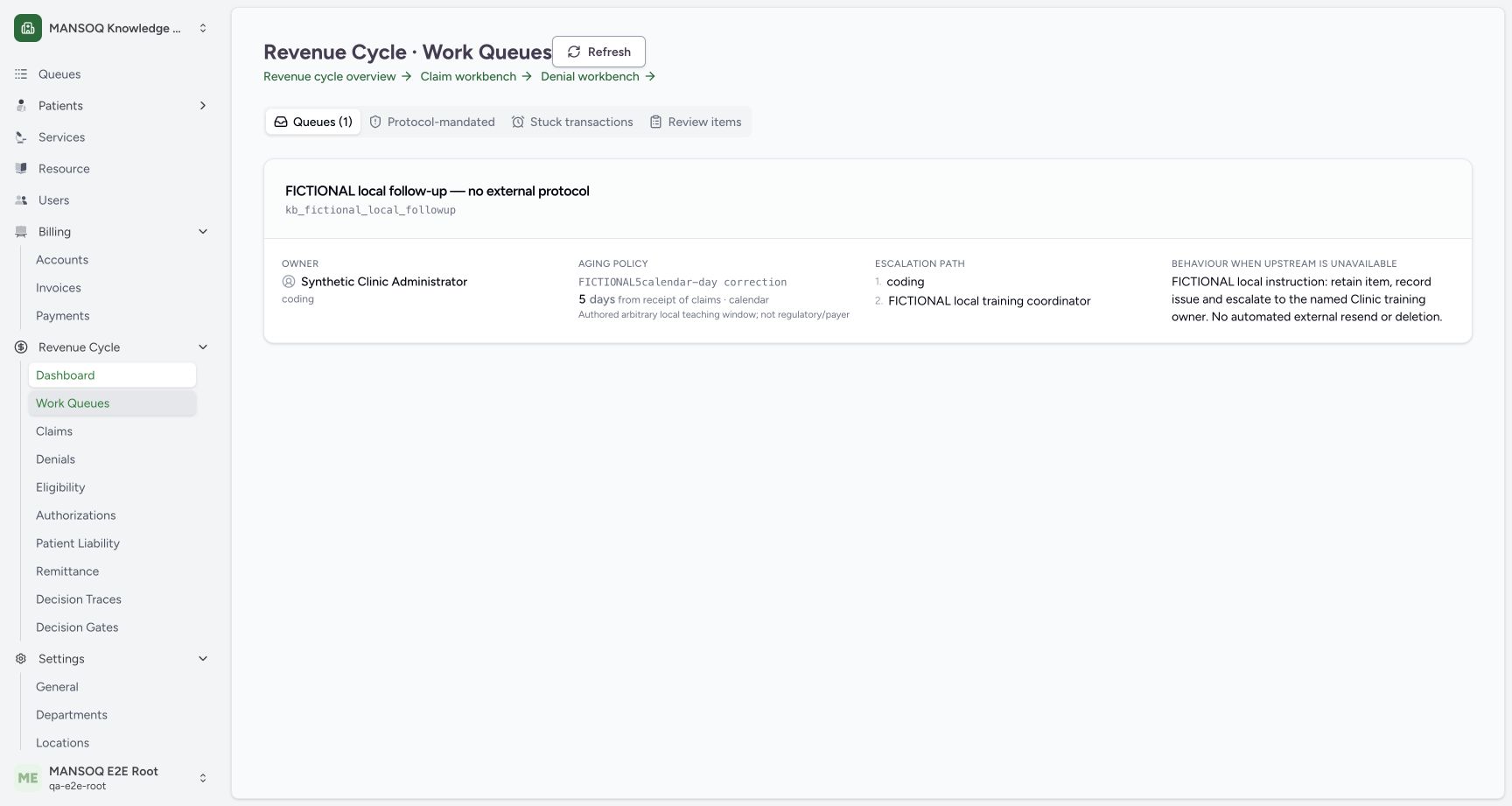 Normal API creation and PATCH saved this explicitly fictional nonprotocol queue. Actual UI shows Synthetic Clinic Administrator, coding role, a separately named authored arbitrary5calendar-day rule, ordered escalation and retained-item outage instructions. No real regulated window or external protocol is asserted.