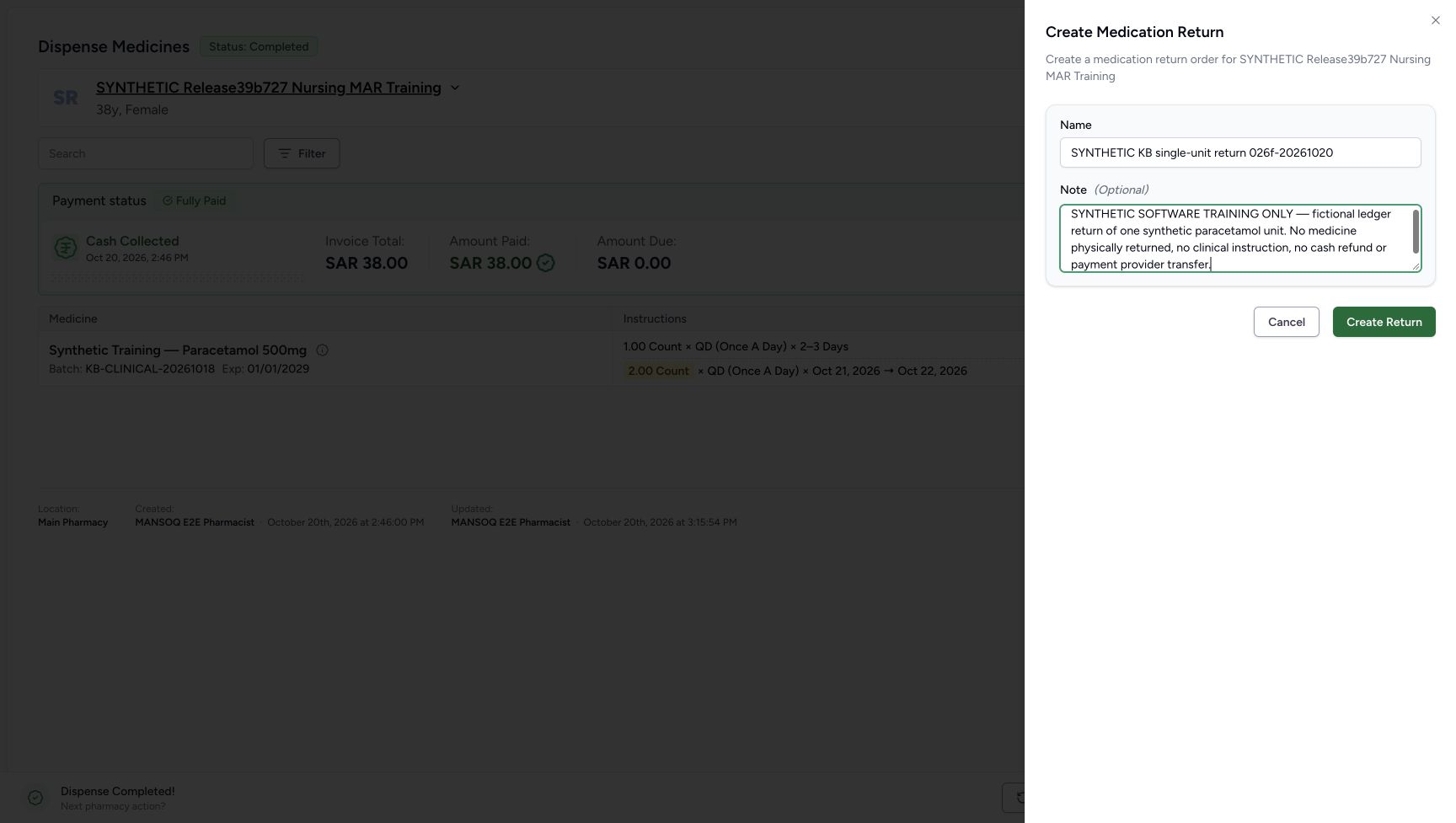 Create Medication Return contains the synthetic return name and fictional one-unit note, with Create Return available.