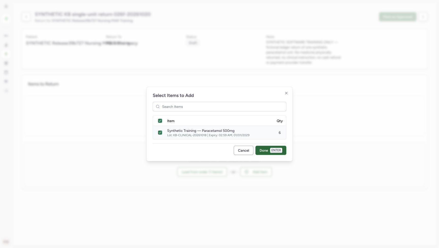The single original medicine is checked in Select Items to Add and Done is enabled; the displayed source quantity remains six.