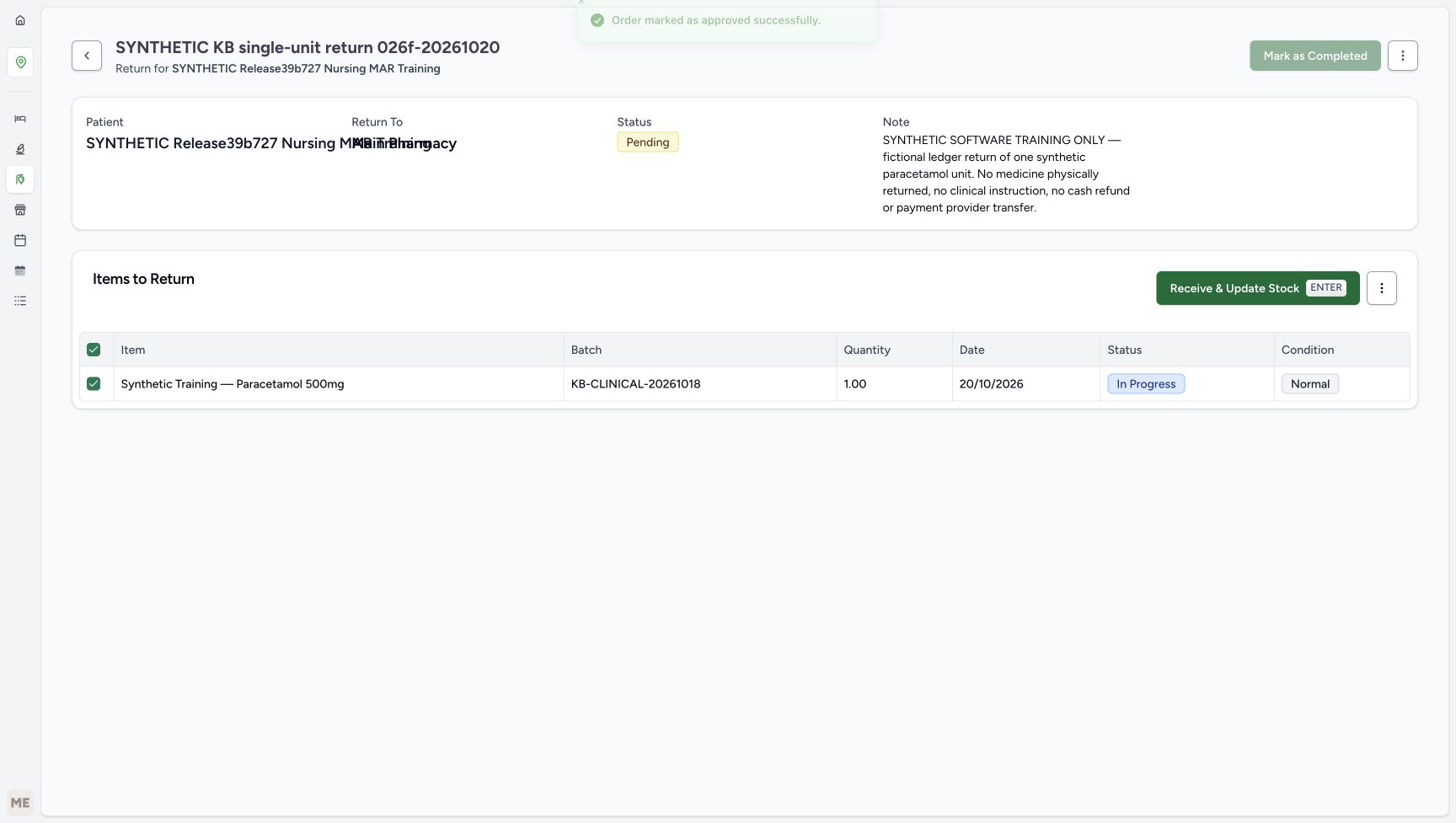 The approval success message is visible; the order is Pending and its one In Progress Normal item is selected for Receive and Update Stock.