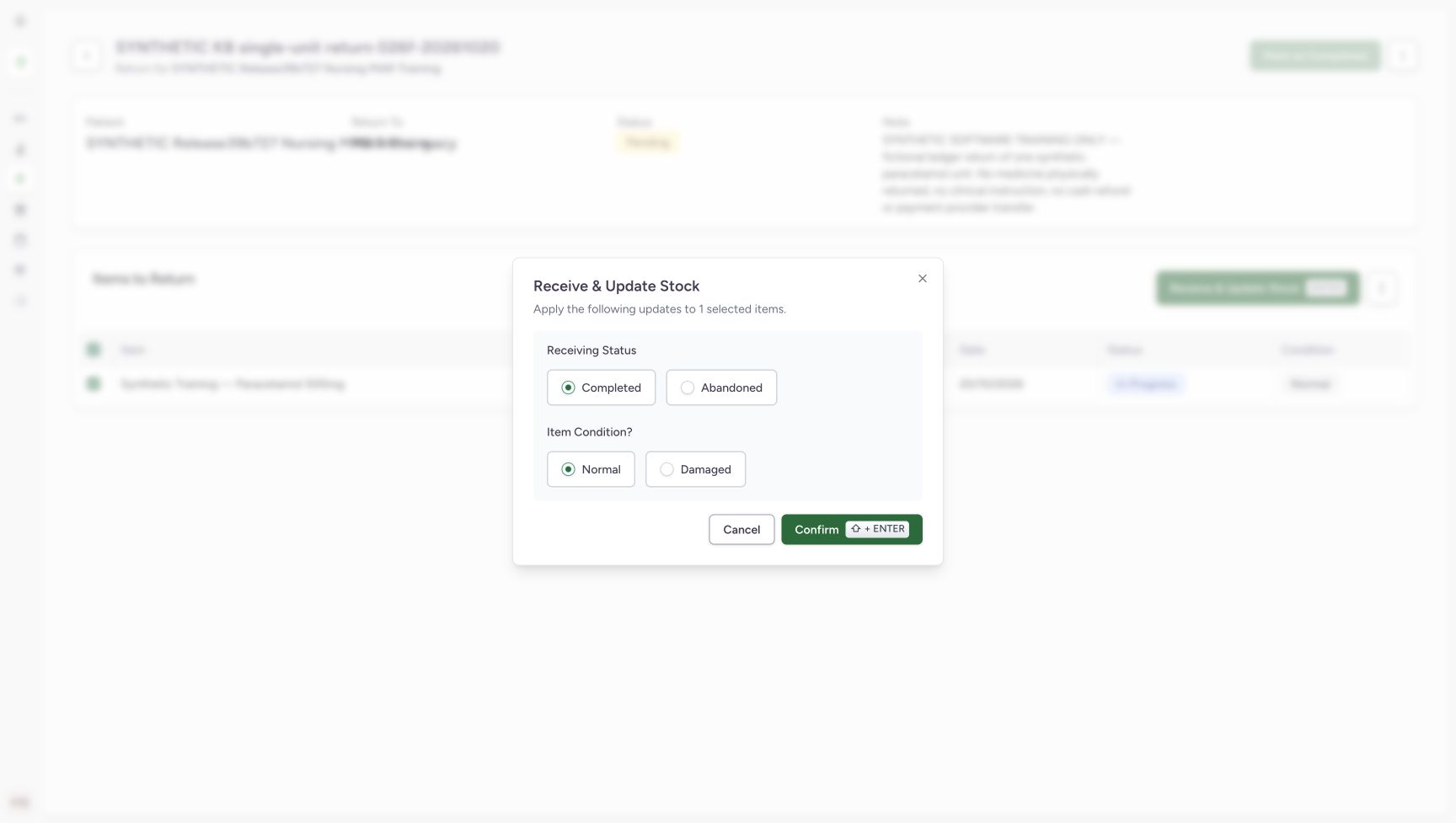 Receive and Update Stock dialog applies to one selected item, with Completed and Normal selected, plus Cancel and Confirm.