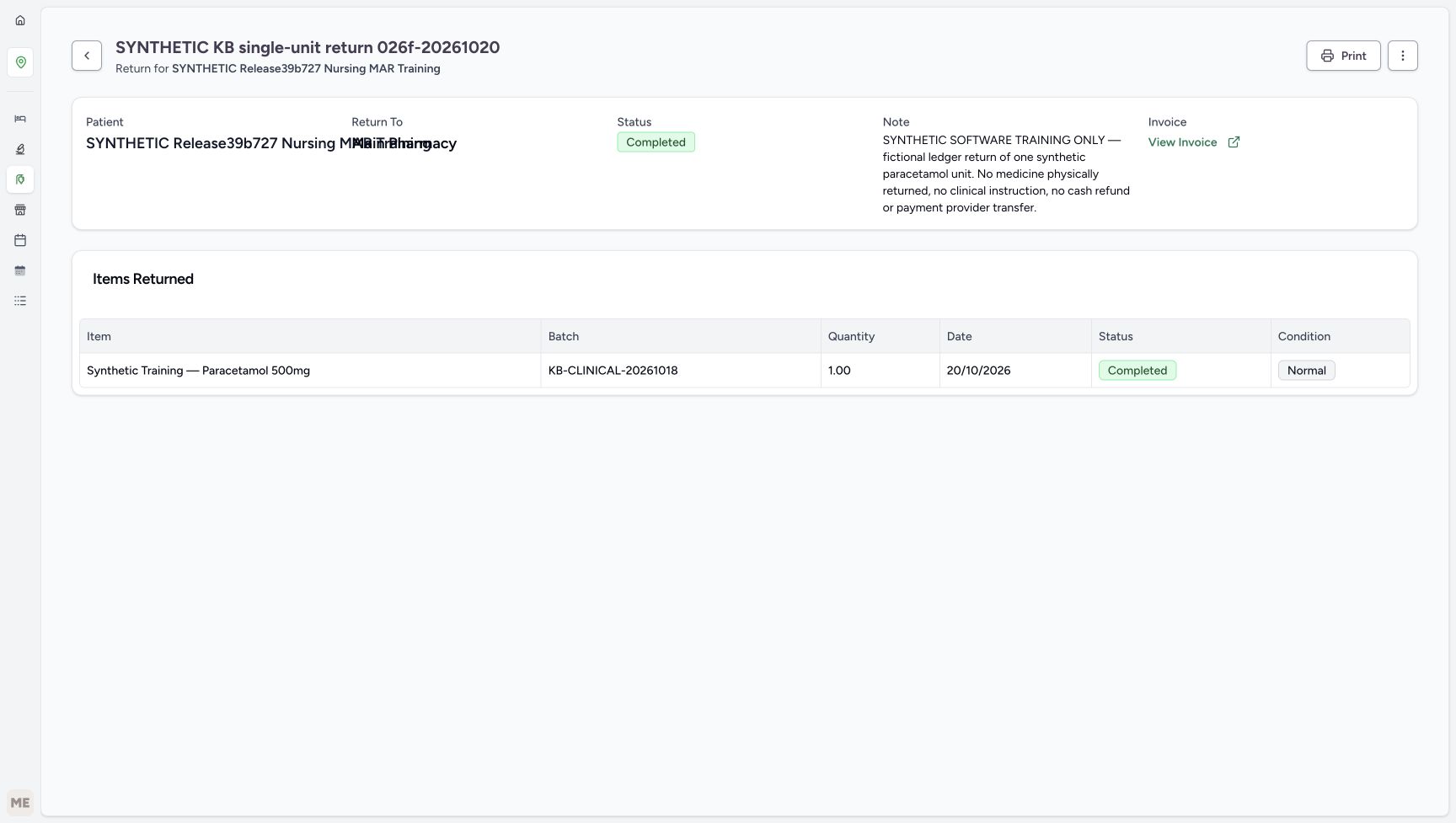 After ordinary reload, the return and its one Normal item remain Completed with the invoice link retained.
