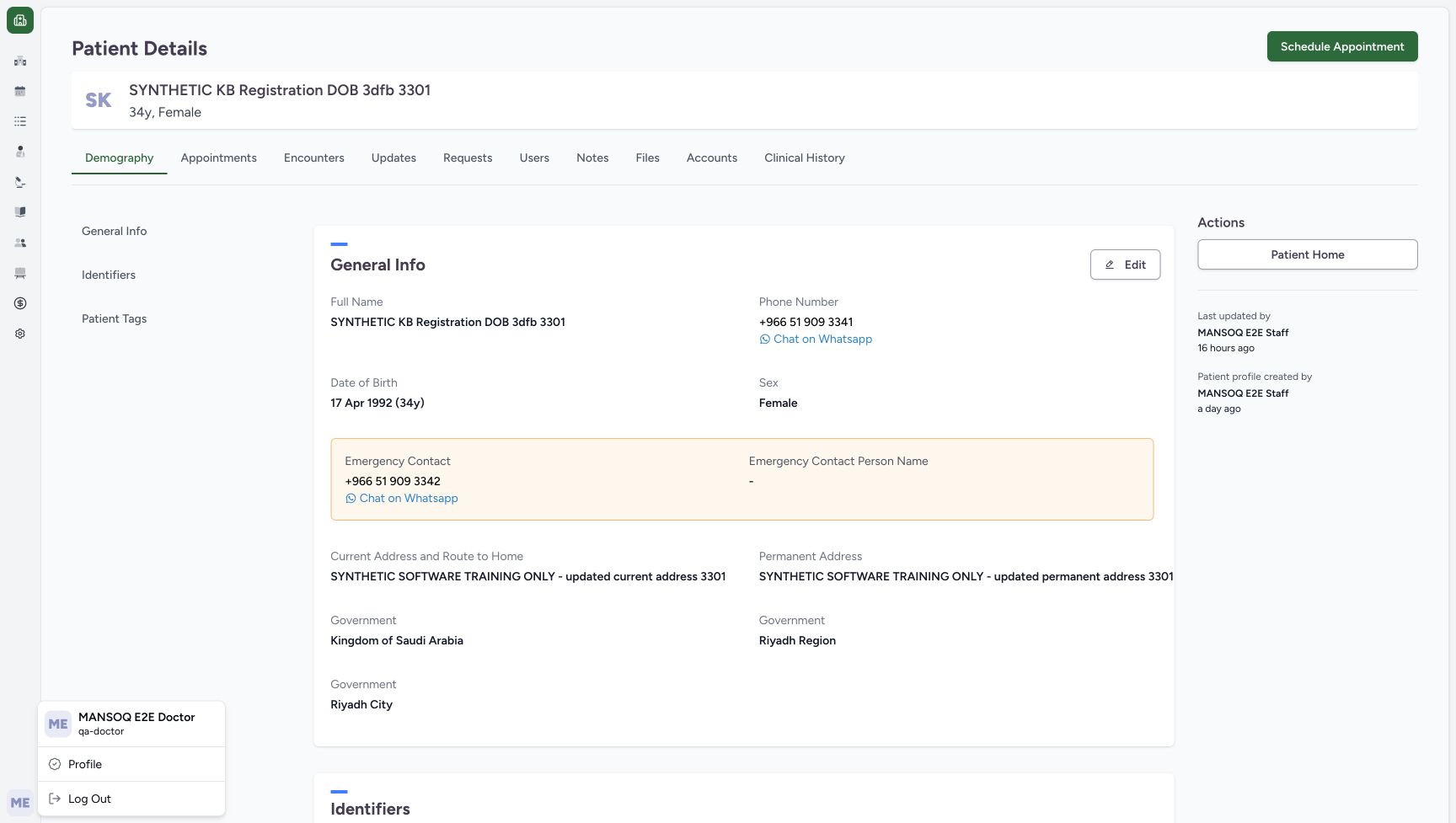 Patient Details shows the assigned synthetic patient and an open account menu identifying MANSOQ E2E Doctor, qa-doctor. Patient Home is available.