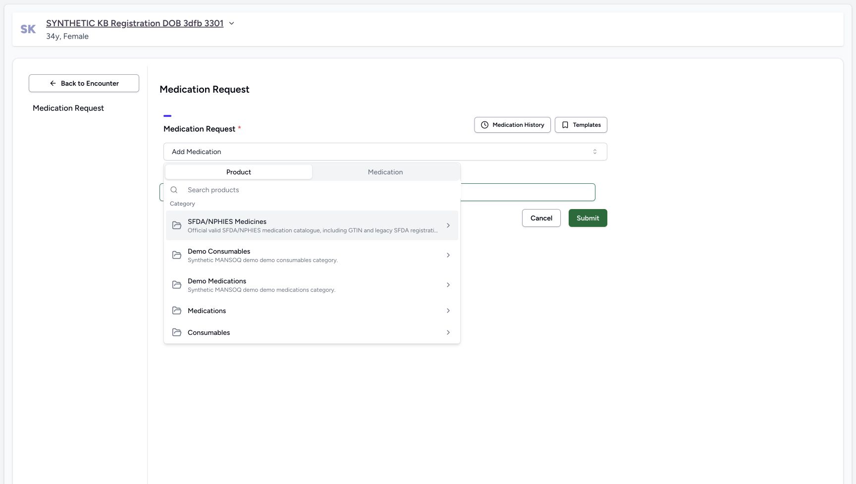 Add Medication is open with Product selected, a separate Medication tab, a product search field and product categories.