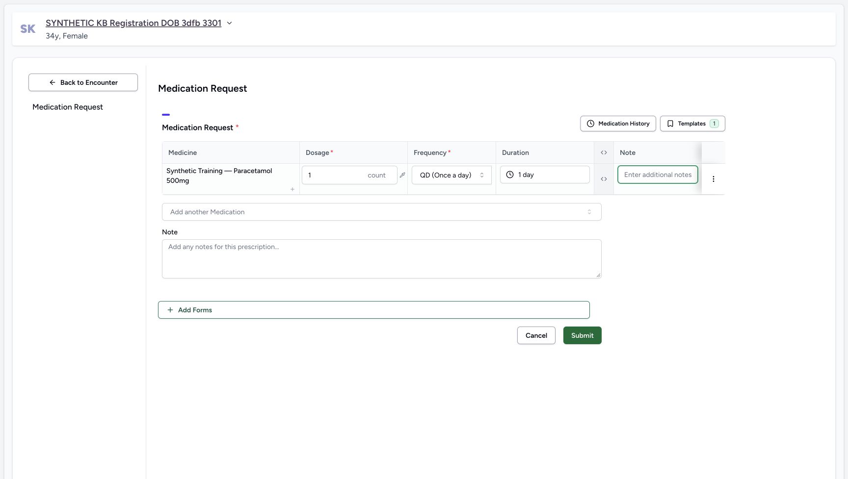 The duration popover is closed, the field still reads 1 day and the separate row note field is focused.
