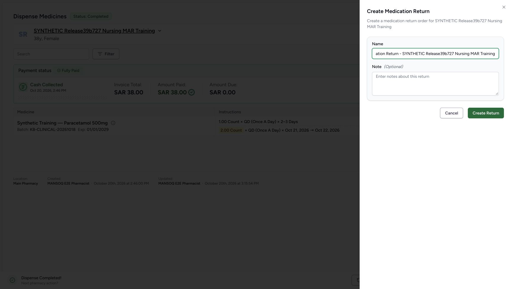 Create Medication Return side panel names the same synthetic patient, with a prefilled Name, optional Note, Cancel and Create Return.
