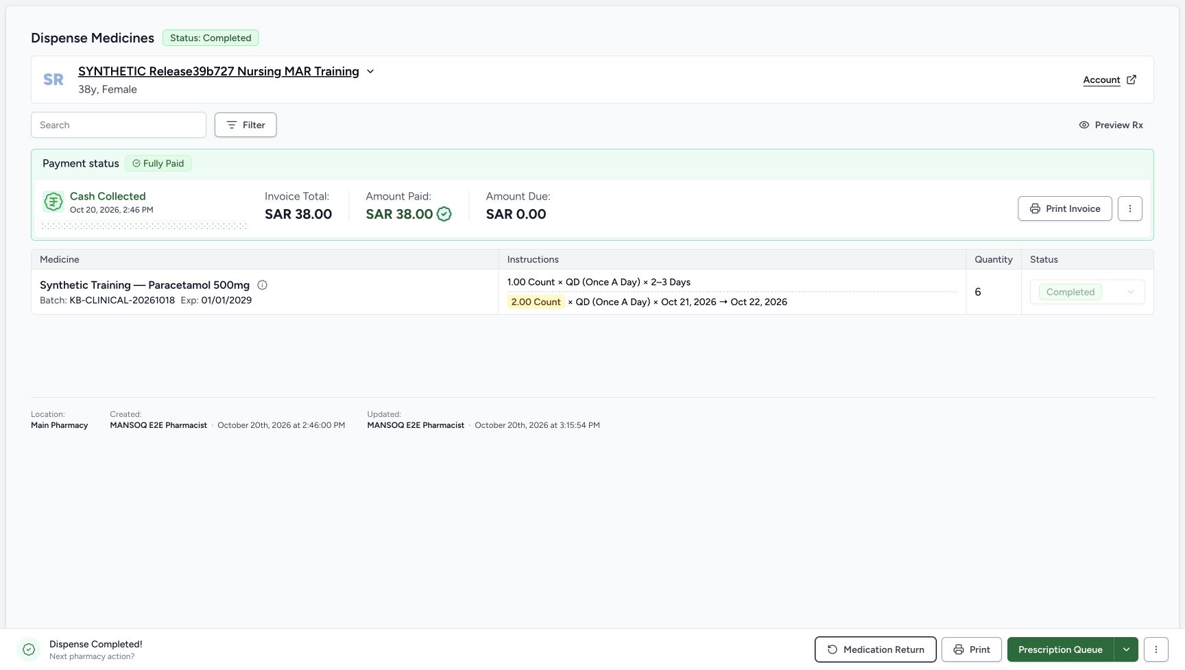 The same synthetic dispense remains Completed, quantity six, Fully Paid SAR 38.00, zero amount due, with Medication Return available in the footer.