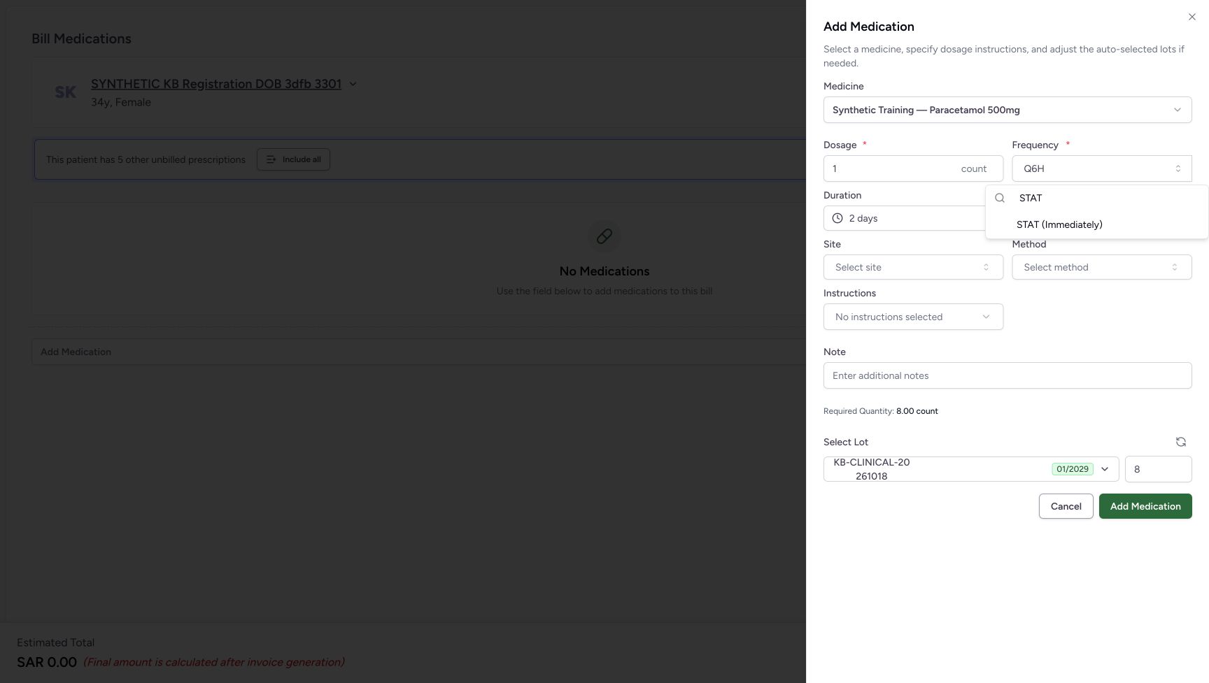 Searching STAT offers STAT (Immediately). Duration remains 2 days before the new option is selected.