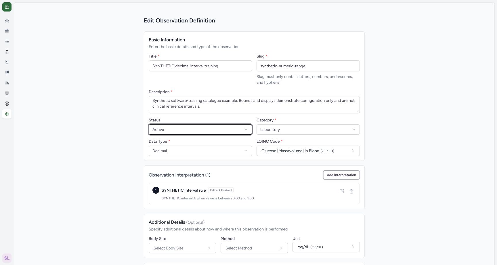 Review the status-only Active edit. Actual synthetic Laboratory observation catalogue.