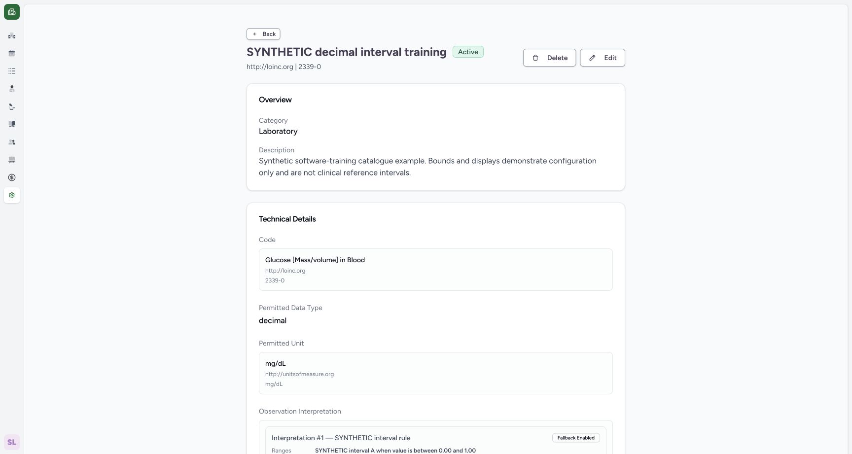 Verify the saved Active definition. Actual synthetic Laboratory observation catalogue.