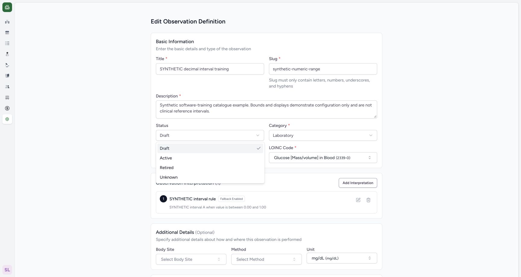 Choose Active from the actual status menu. Actual synthetic Laboratory observation catalogue.