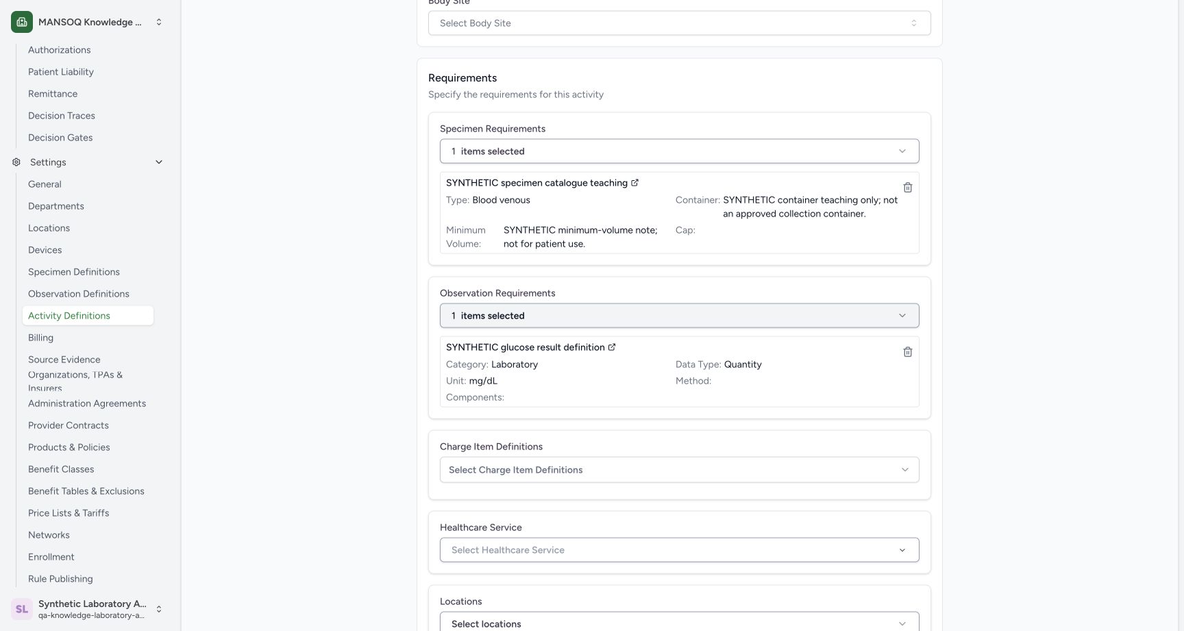 Review one specimen and one observation requirement. Actual wide MANSOQ synthetic Link specimen and observation definitions to a laboratory activity view.