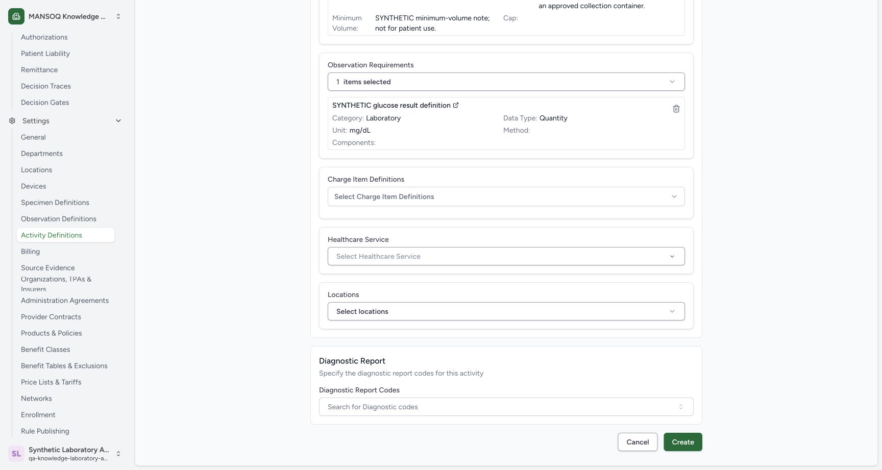 Review unconfigured optional links and create the activity. Actual wide MANSOQ synthetic Link specimen and observation definitions to a laboratory activity view.