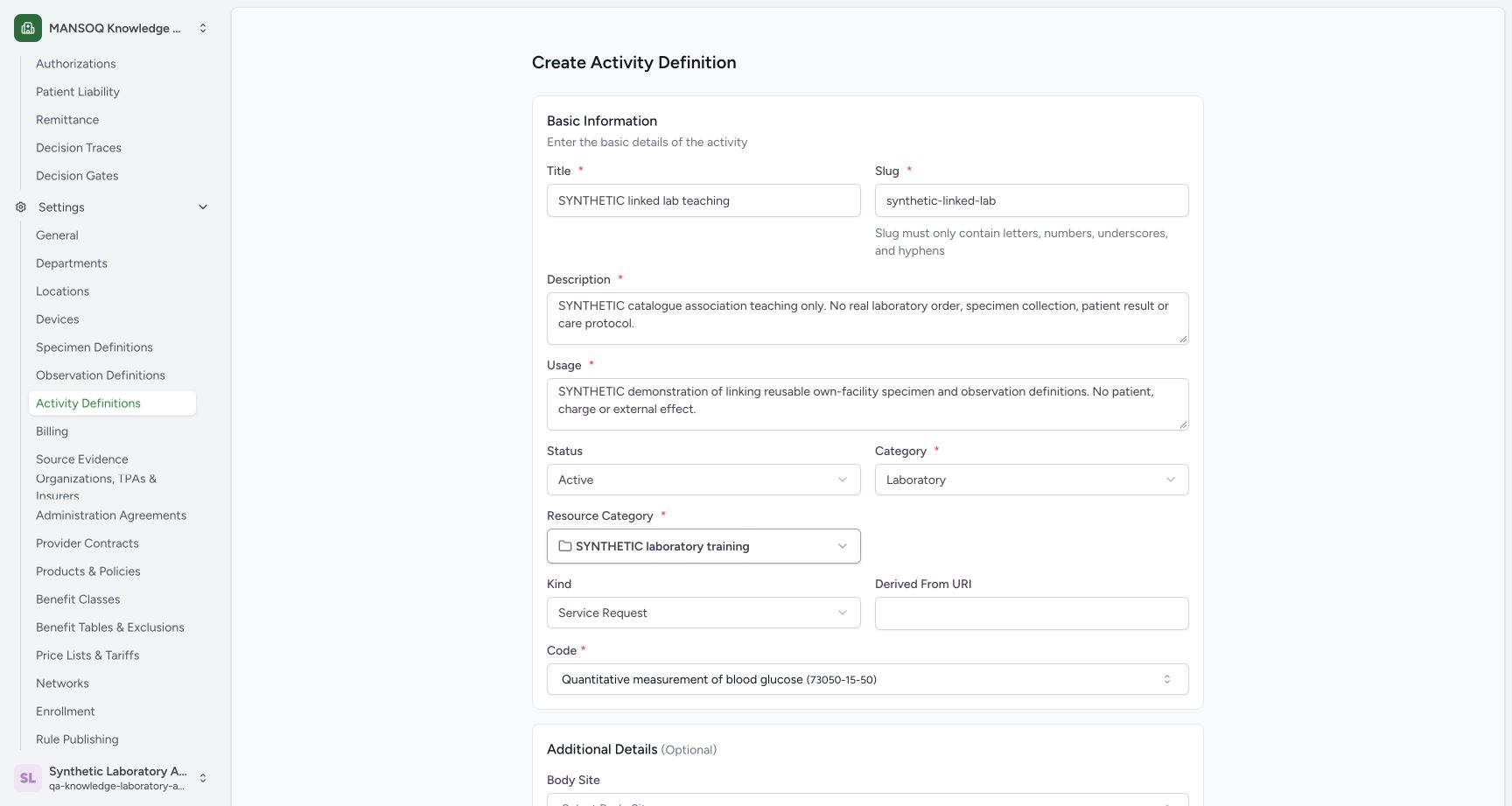 Review the separate synthetic activity identity. Actual wide MANSOQ synthetic Link specimen and observation definitions to a laboratory activity view.