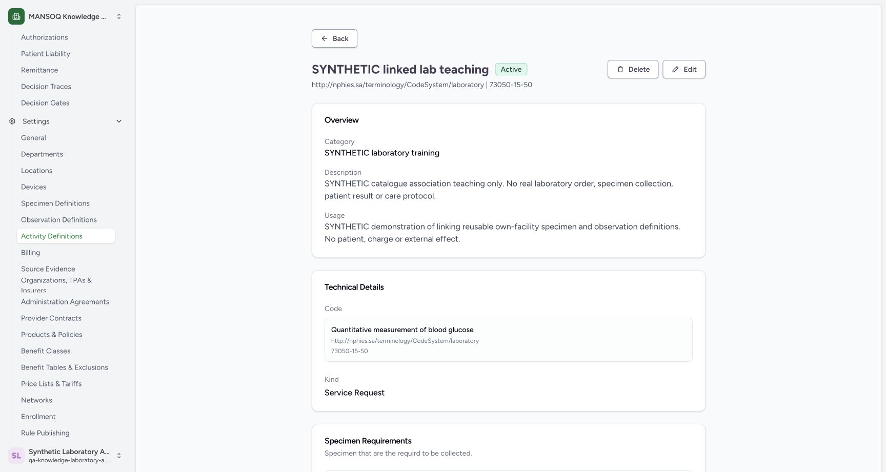 Verify the saved linked activity identity. Actual wide MANSOQ synthetic Link specimen and observation definitions to a laboratory activity view.