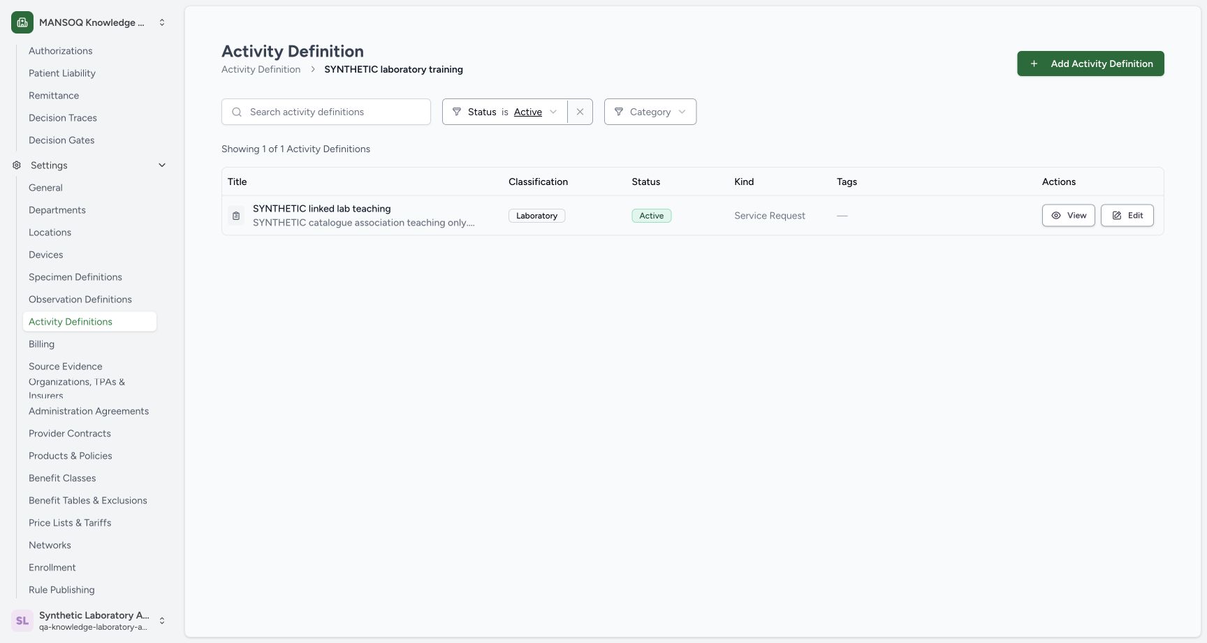 Find the separately saved Active linked activity. Actual wide MANSOQ synthetic Link specimen and observation definitions to a laboratory activity view.