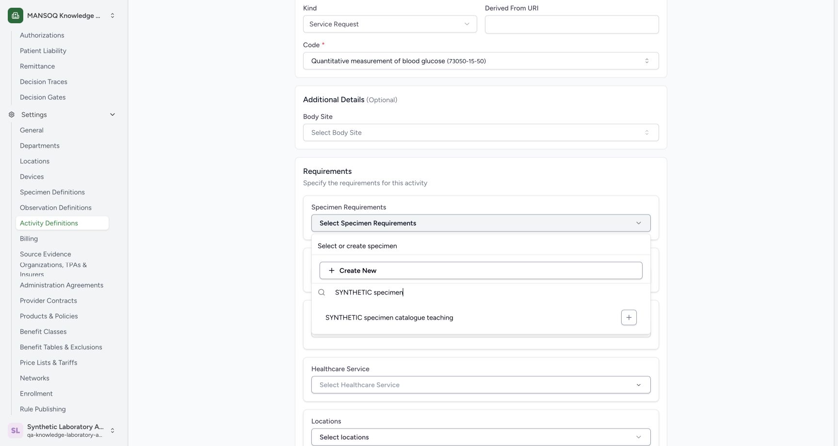 Find the existing synthetic specimen requirement. Actual wide MANSOQ synthetic Link specimen and observation definitions to a laboratory activity view.