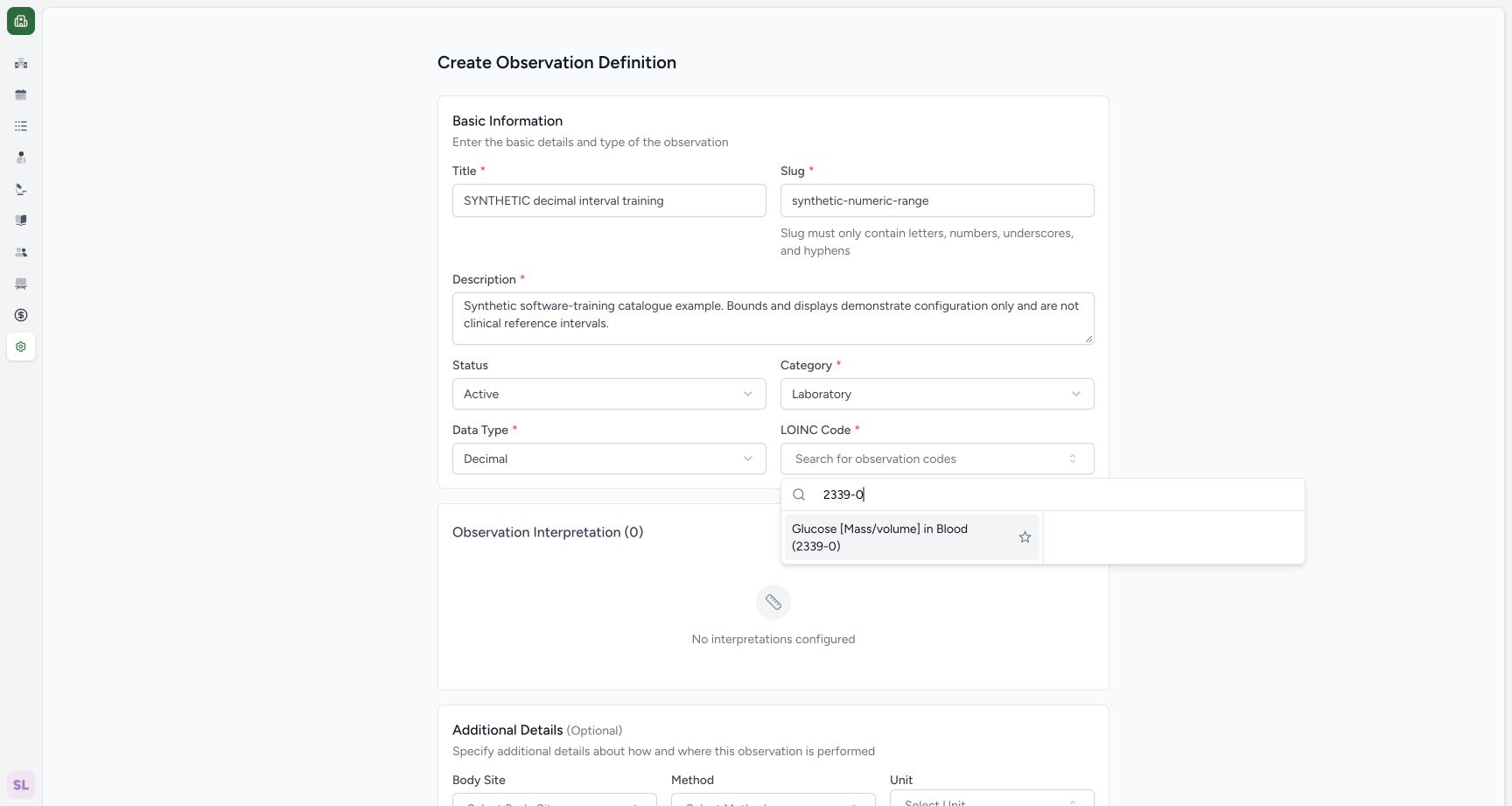 Select the returned observation code. Actual wide MANSOQ synthetic Laboratory Draft decimal interpretation creation view.