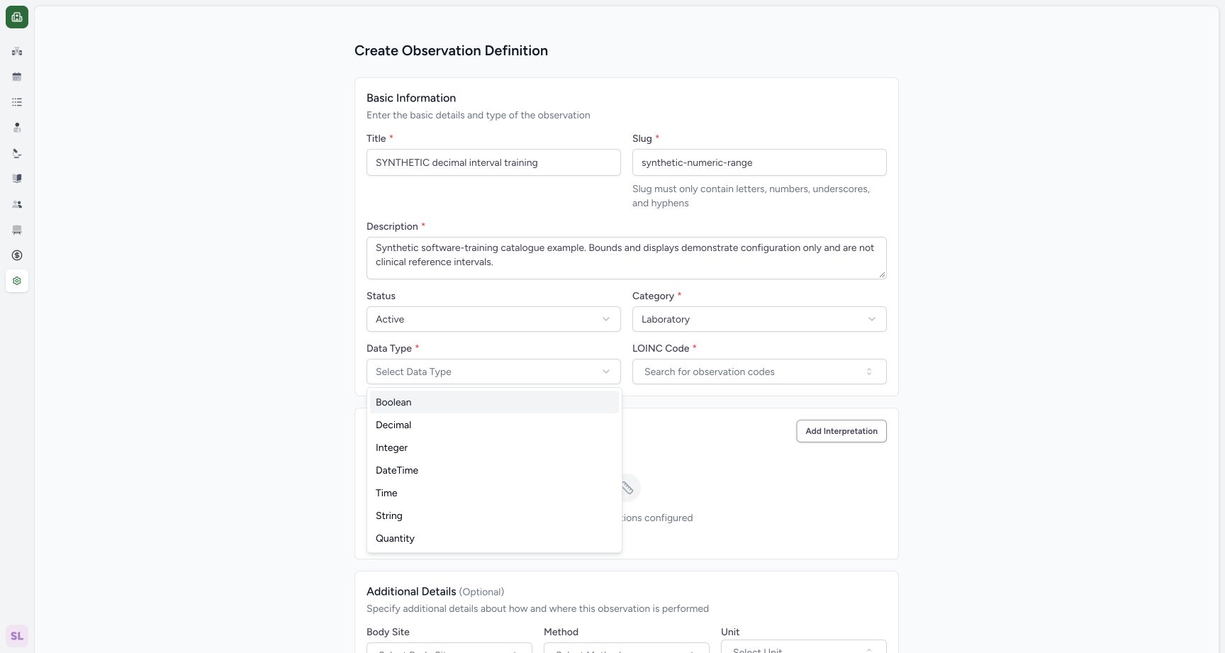 Choose Decimal from the actual data-type menu. Actual wide MANSOQ synthetic Laboratory Draft decimal interpretation creation view.