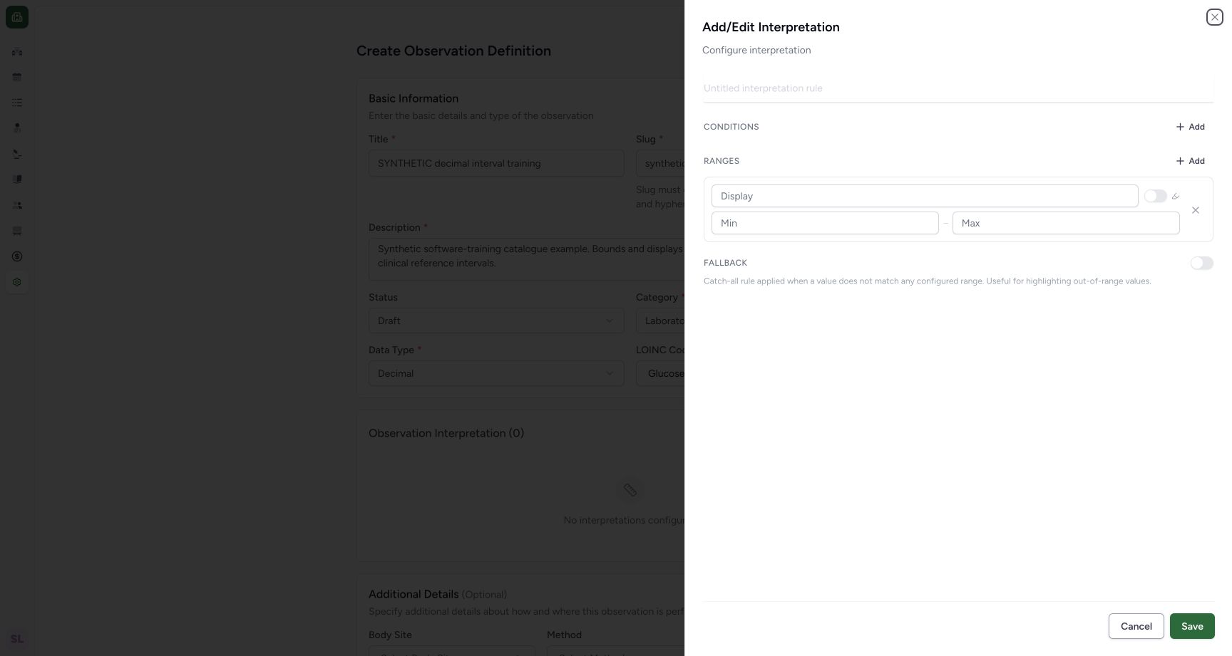 Configure a synthetic numeric interpretation. Actual wide MANSOQ synthetic Laboratory Draft decimal interpretation creation view.