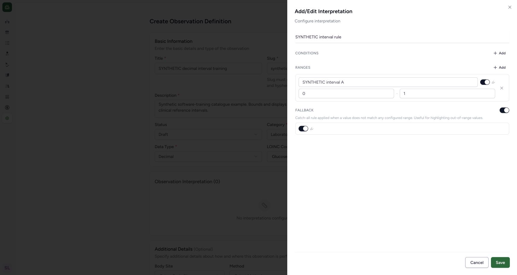 Review zero, numeric bounds and highlight settings. Actual wide MANSOQ synthetic Laboratory Draft decimal interpretation creation view.