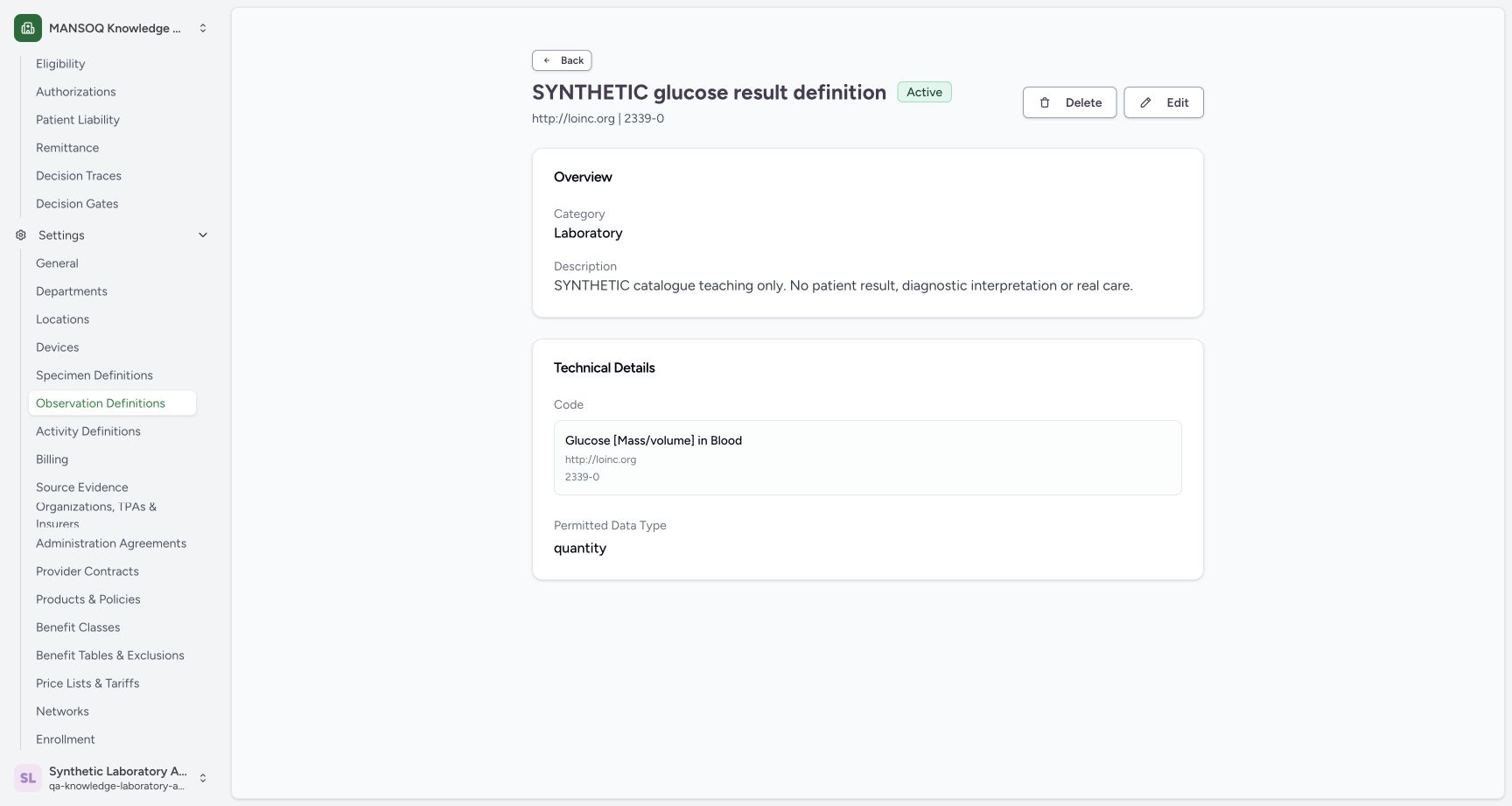 Open Edit on the saved synthetic observation definition. Actual wide MANSOQ synthetic Set and verify an observation definition unit view.