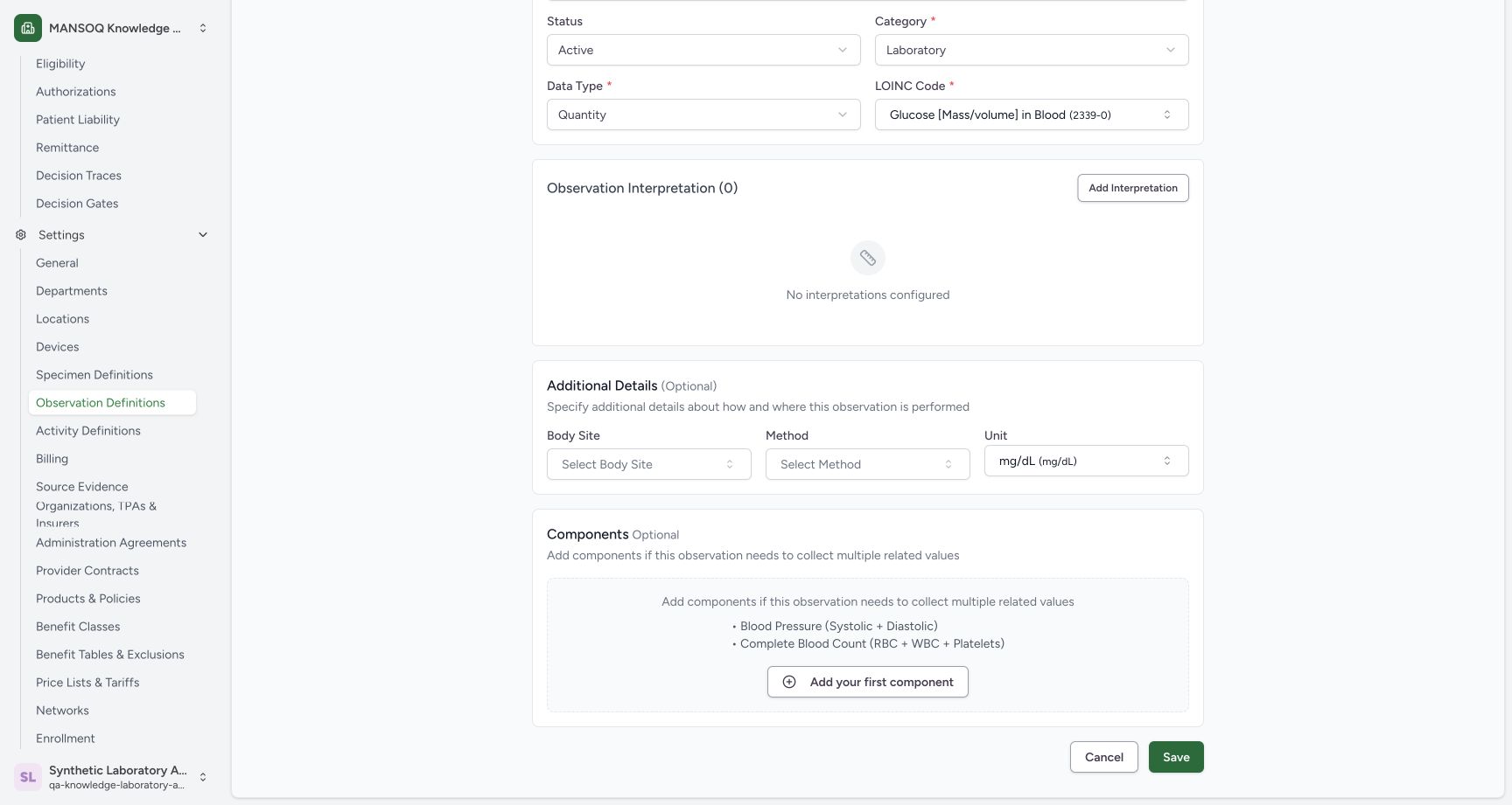Review the unit-only update and save. Actual wide MANSOQ synthetic Set and verify an observation definition unit view.