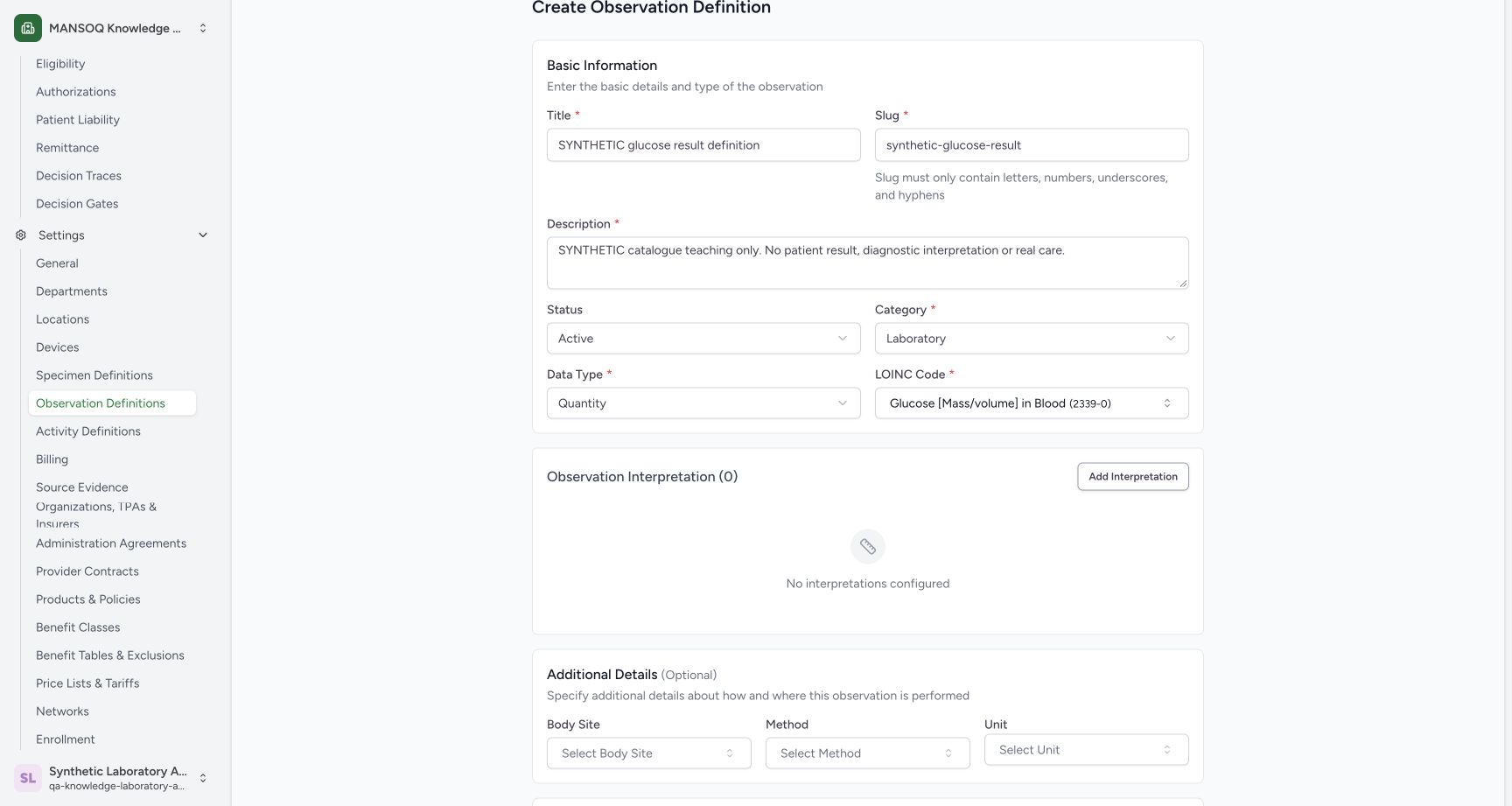Review the selected synthetic observation identity. Actual wide MANSOQ synthetic Create and verify a laboratory observation definition view.